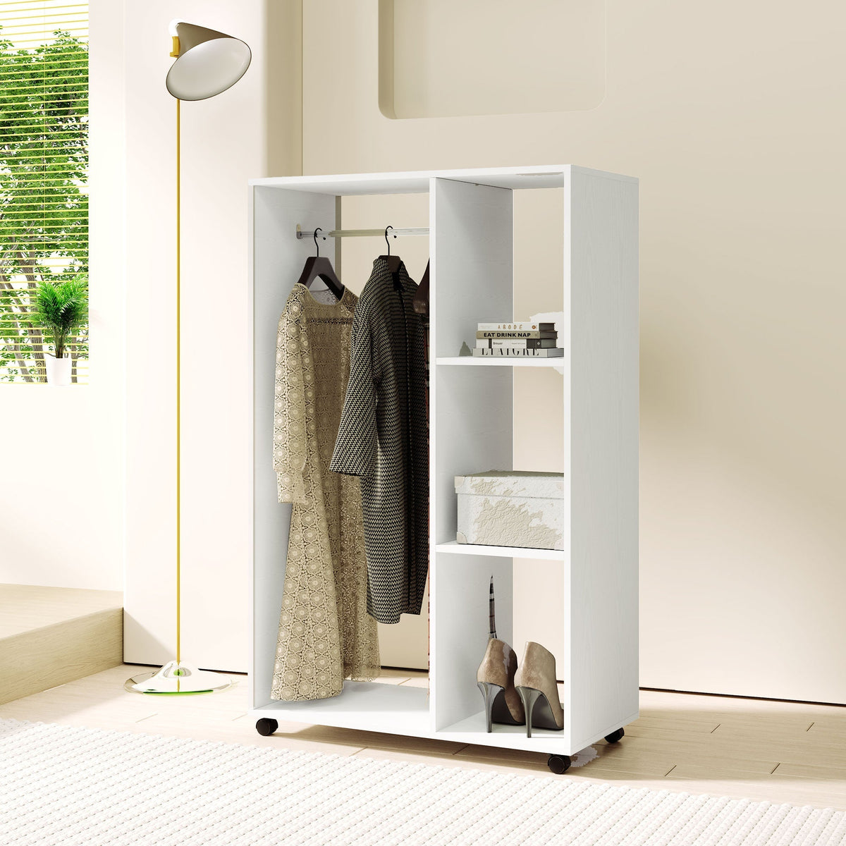 Wardrobe on Wheels, 1 Clothes Rail 3 Shelves Mobile Clothes Rack 80x40x128 cm, White