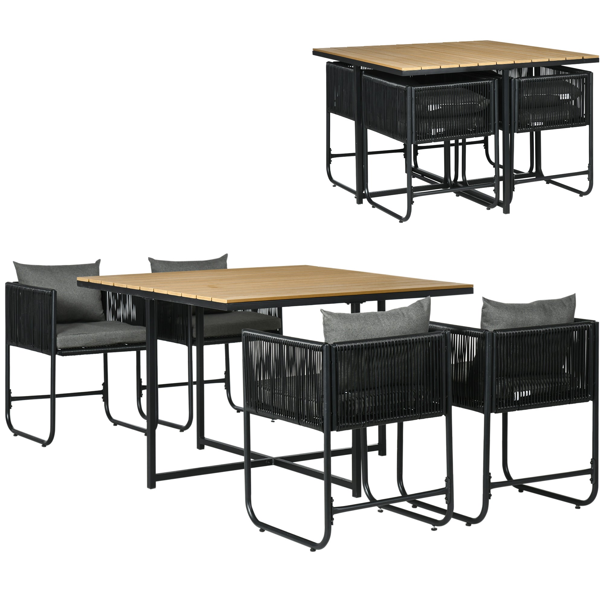 4 Seater Rattan Cube Dining Set with Cushions & Wood Grain Table, Black Rattan