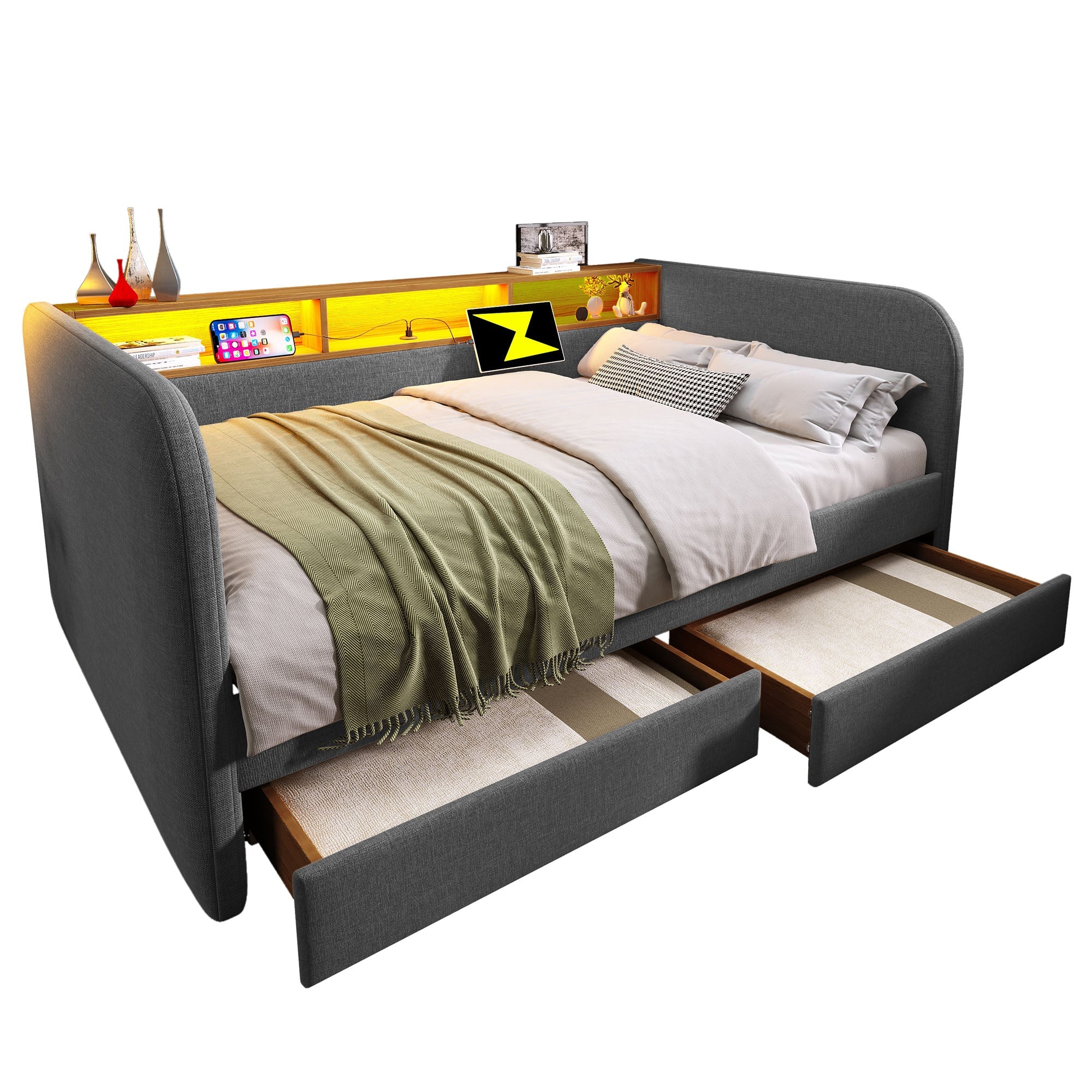 Upholstered Daybed, 140x190cm Sofa Bed with LED, USB-C & Storage, Grey Linen