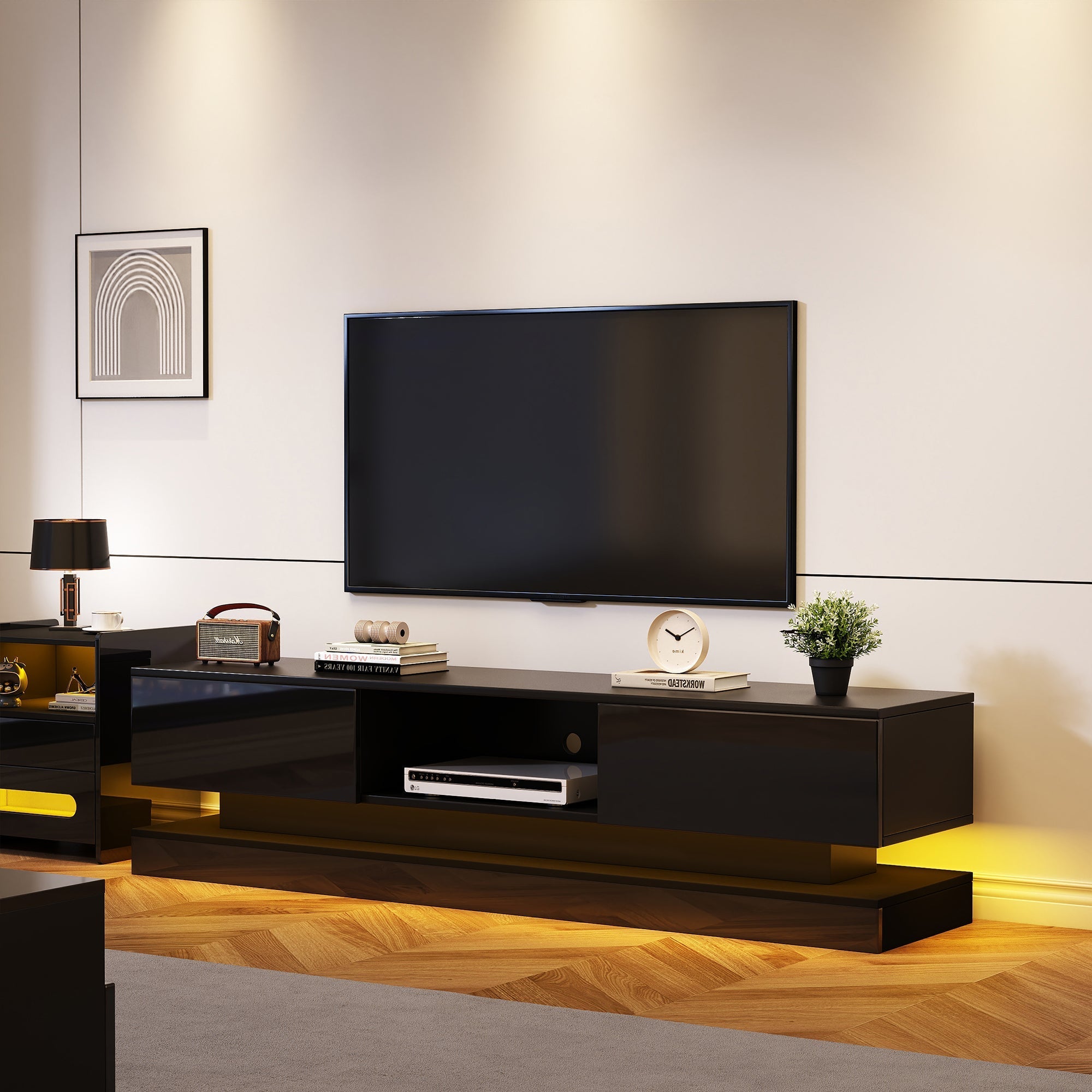 TV Stand 160cm LED Lighting 2 Drawers App Control Anti-Tip High-Gloss Black