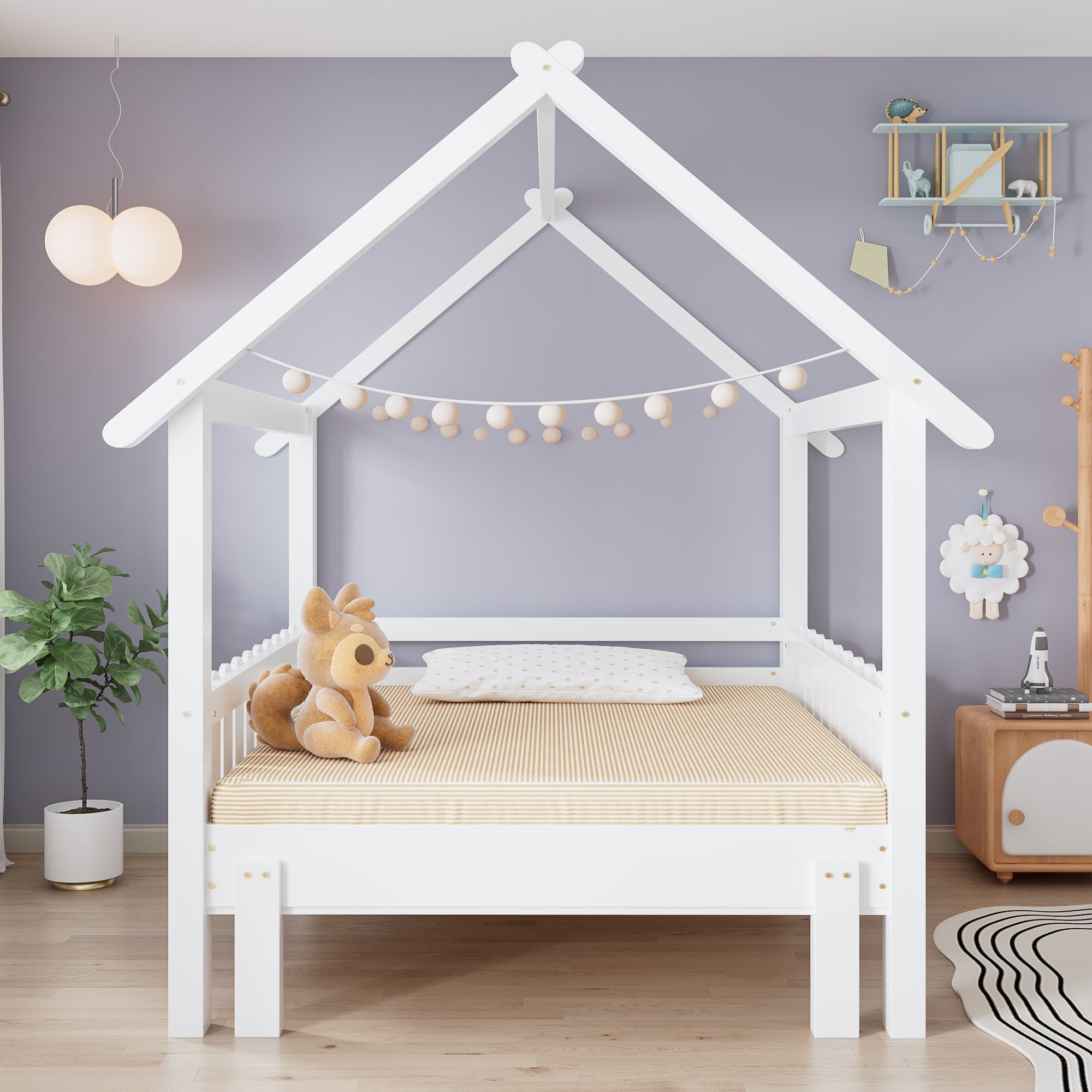 Wooden Bed with Pull-out and Safety Guardrails, 3ft Single, White MDF/Pine