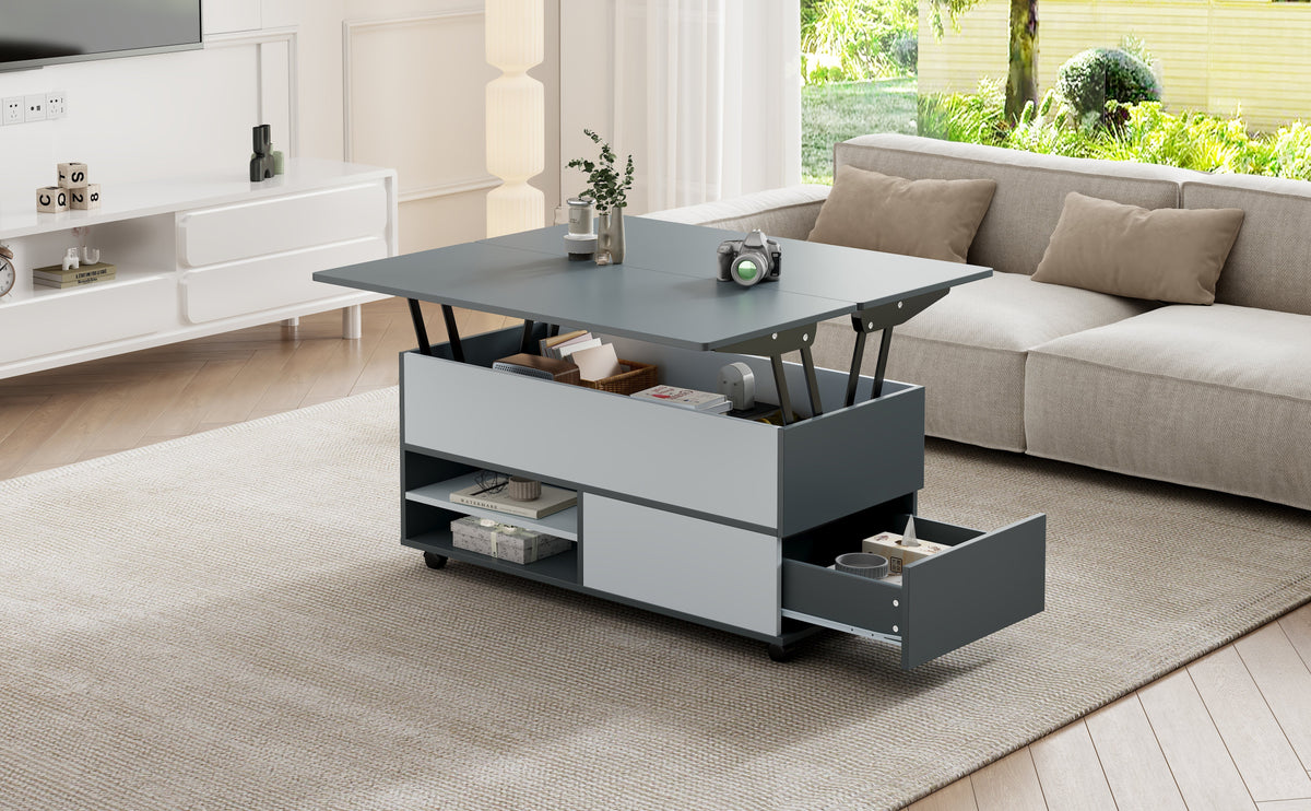 Coffee Table, 100x98x65cm Height-Adjustable Multifunctional with Hidden Storage & Wheels, Grey and White Splices