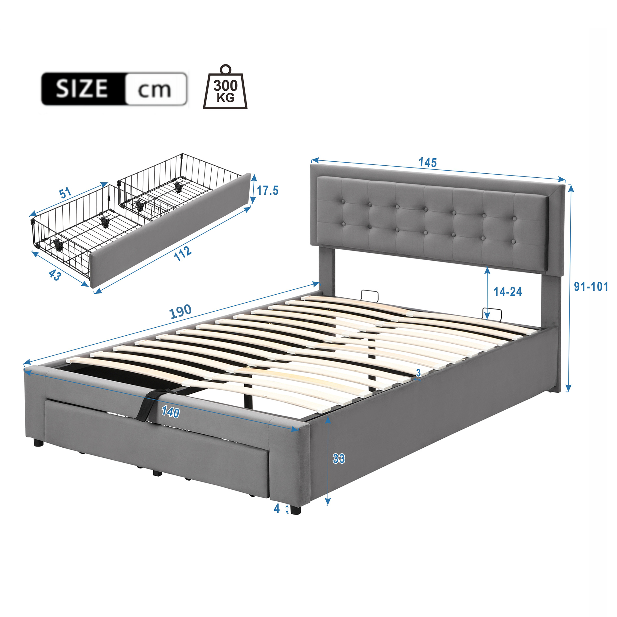 Upholstered Double Bed 140x190cm Hydraulic Storage 2 Drawers Velvet Grey