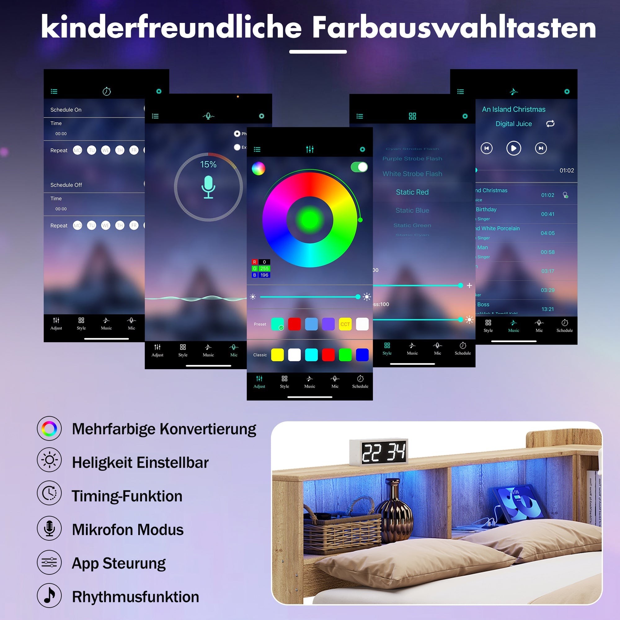L-Shaped Wooden Platform Bed with LED, USB, Desk, Shelves and Drawers, 90x200cm, Natural Color