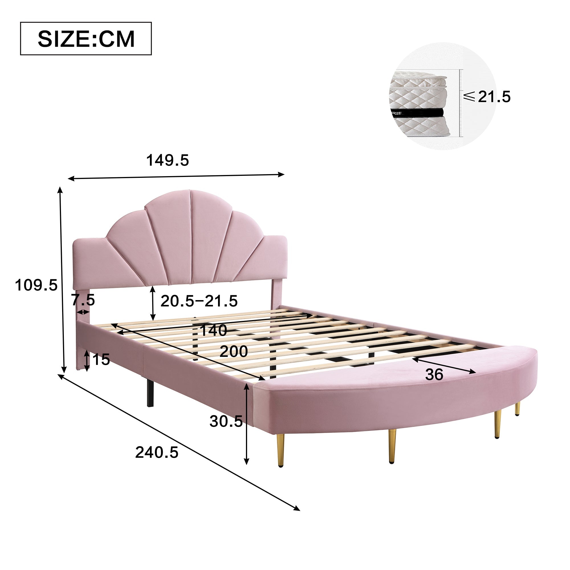 Upholstered Bed 140x200cm Velvet Headboard Matching Bench - Pink Velvet