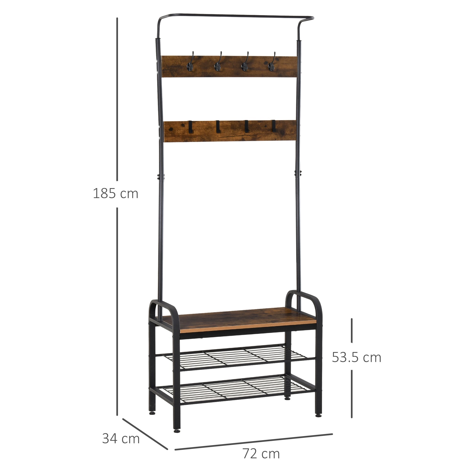 Coat Rack Stand Shoe Rack Storage Cabinet with Removable Hooks, Metal and Wood, Rustic Brown