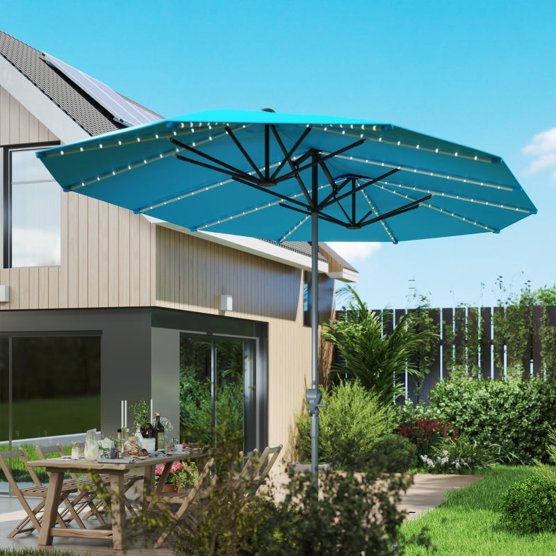 Doppel-Sonnenschirm, Solar-LED-Beleuchtung, UV 50+, Aluminium, Blau
