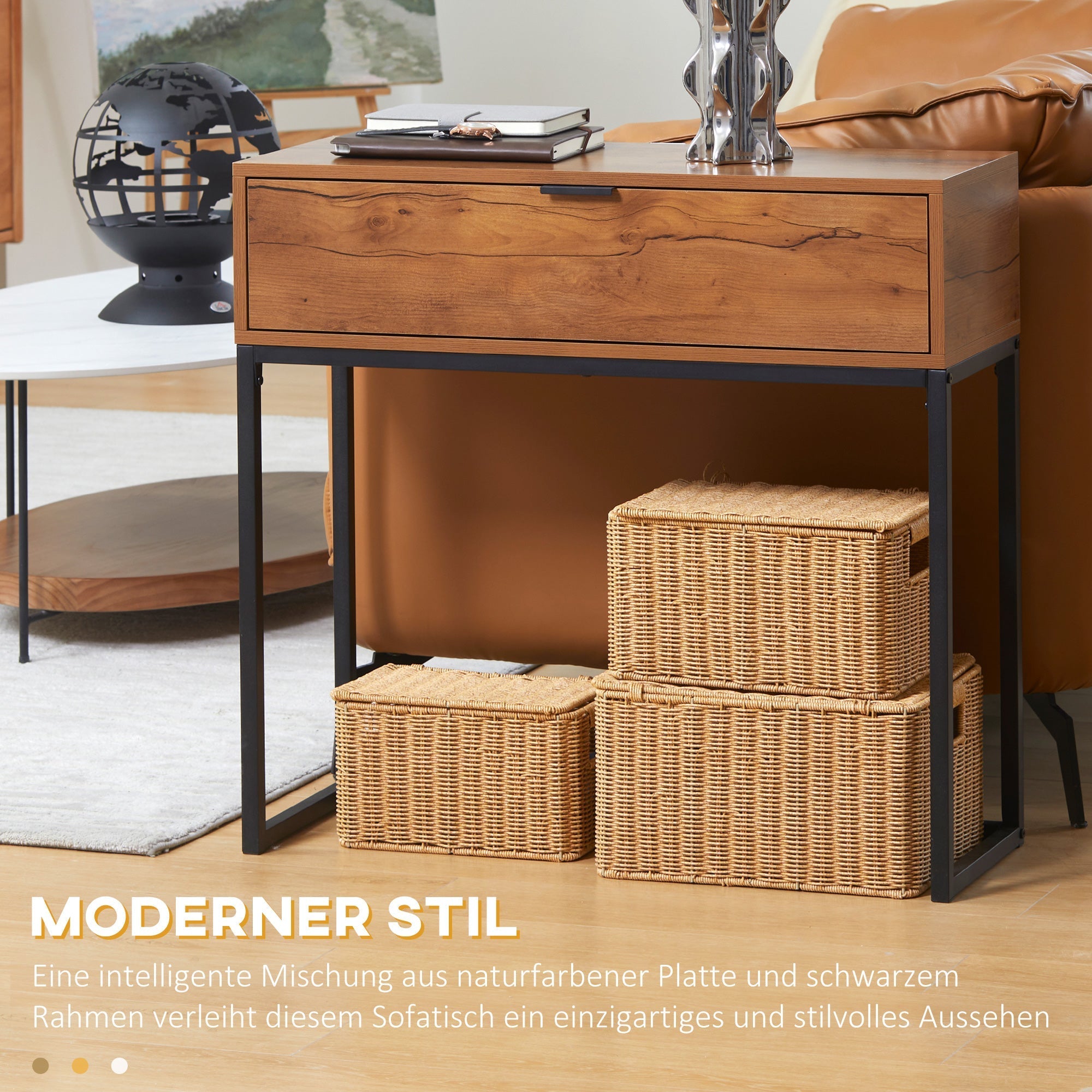Console Table with Drawer, Sofa Hallway Side Table 80x30x76cm, Natural Wood/Steel