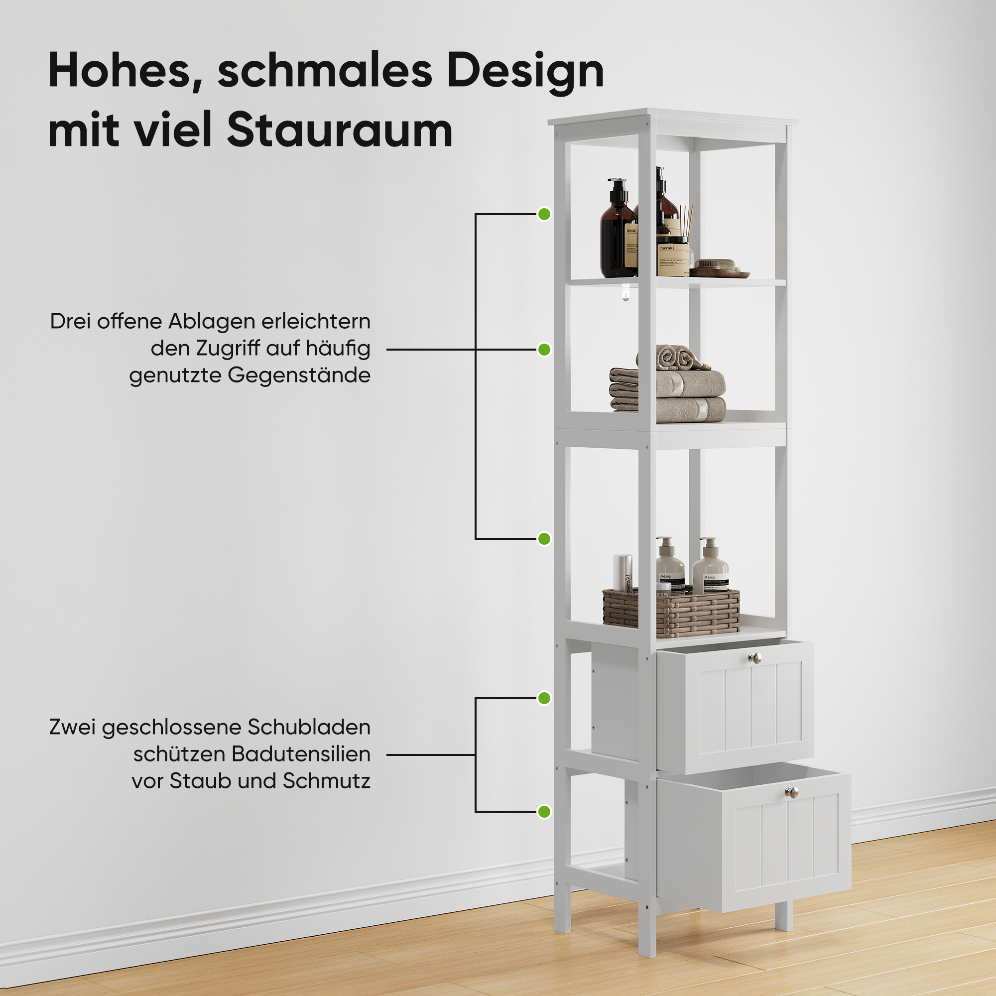 Narrow Tall Cabinet, Bathroom Freestanding with 2 Drawers & 3 Shelves, Wooden White