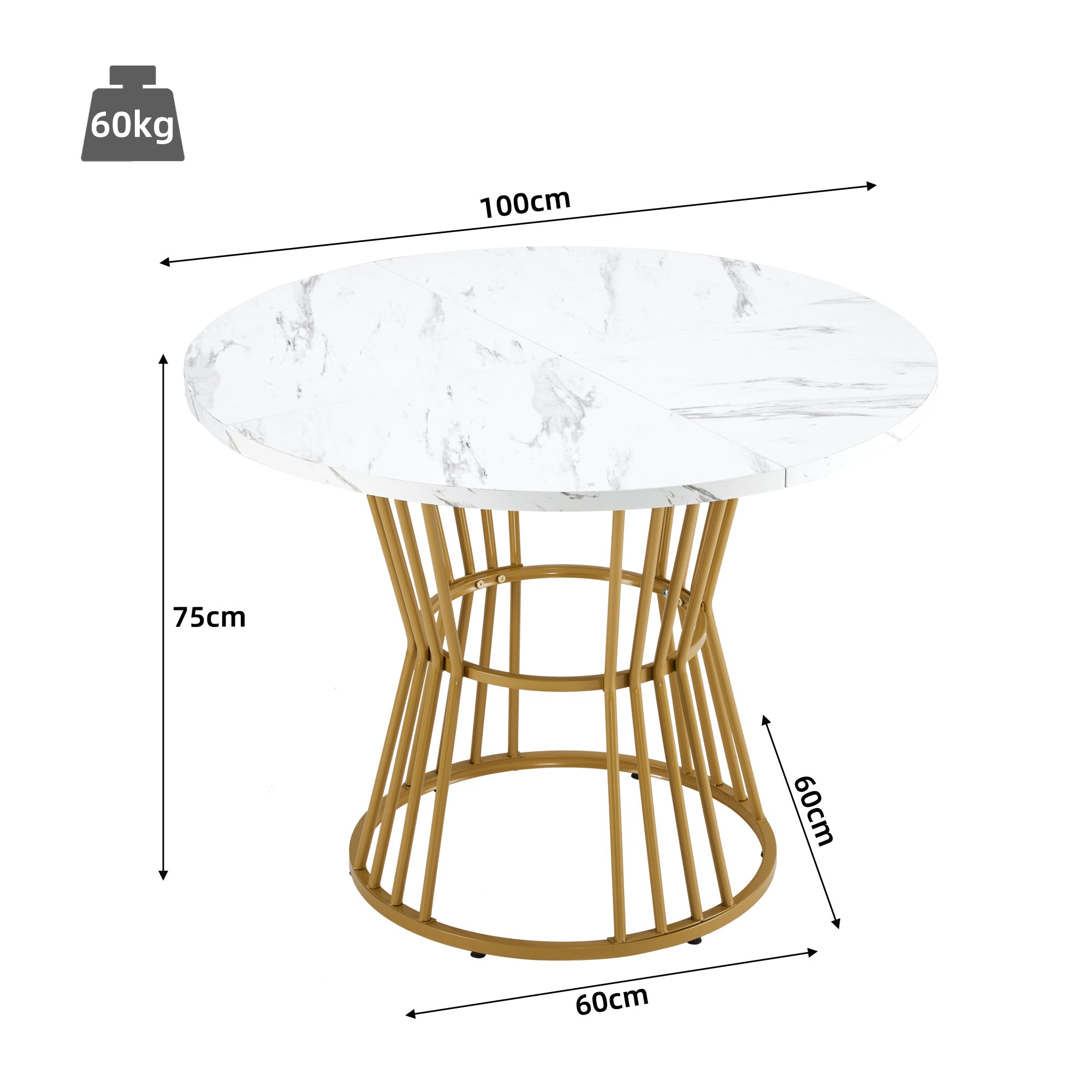 Dining Table Set (5-Piece) Round 100cm Table Gold Metal Legs White MDF Black Velvet Chairs