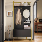 Modern Minimalist Wardrobe Compact Multifunctional Storage with Mirror & Shoe Bench, Metal Hooks
