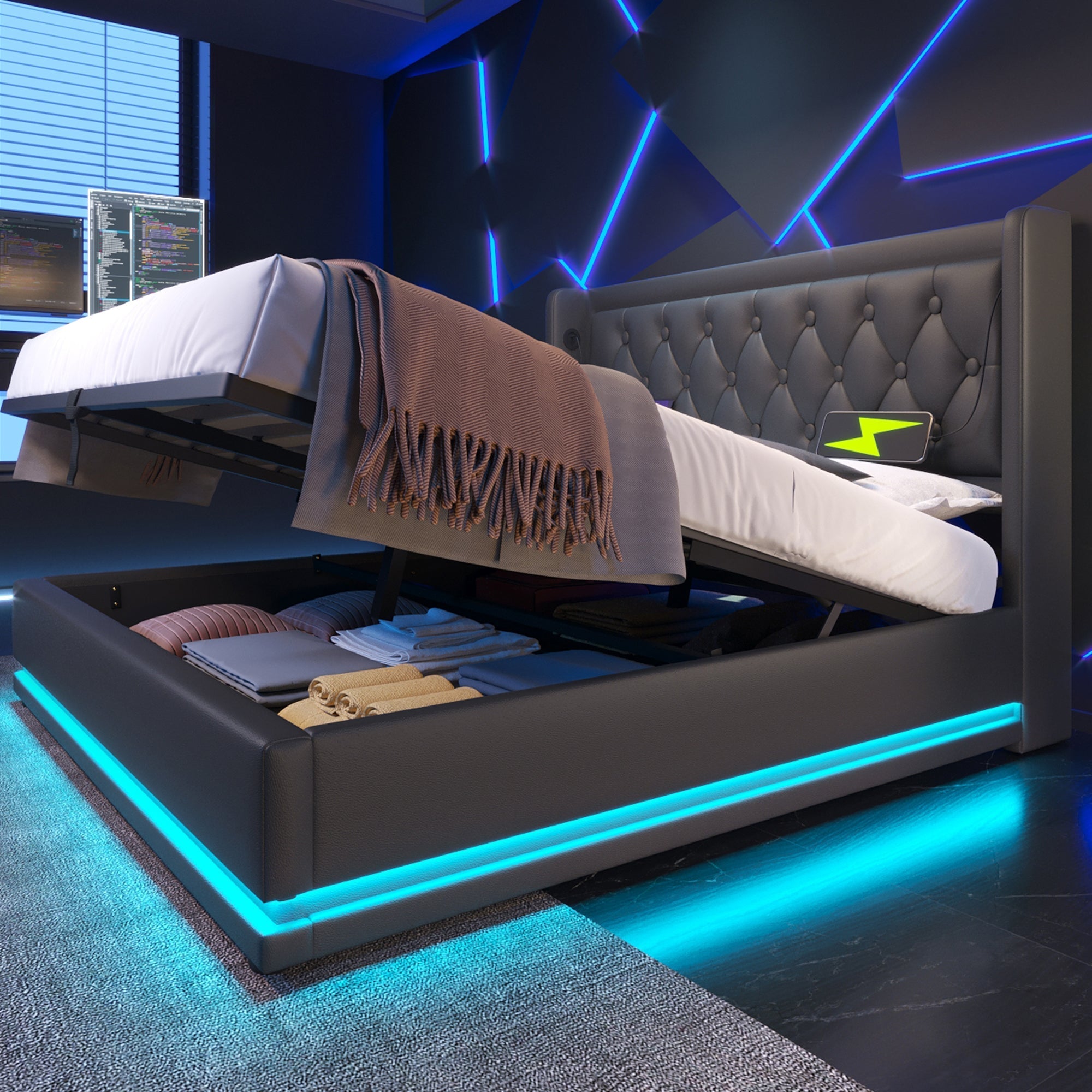 Upholstered Double Bed, Hydraulic Storage, USB-C Charging, LED, Black PU