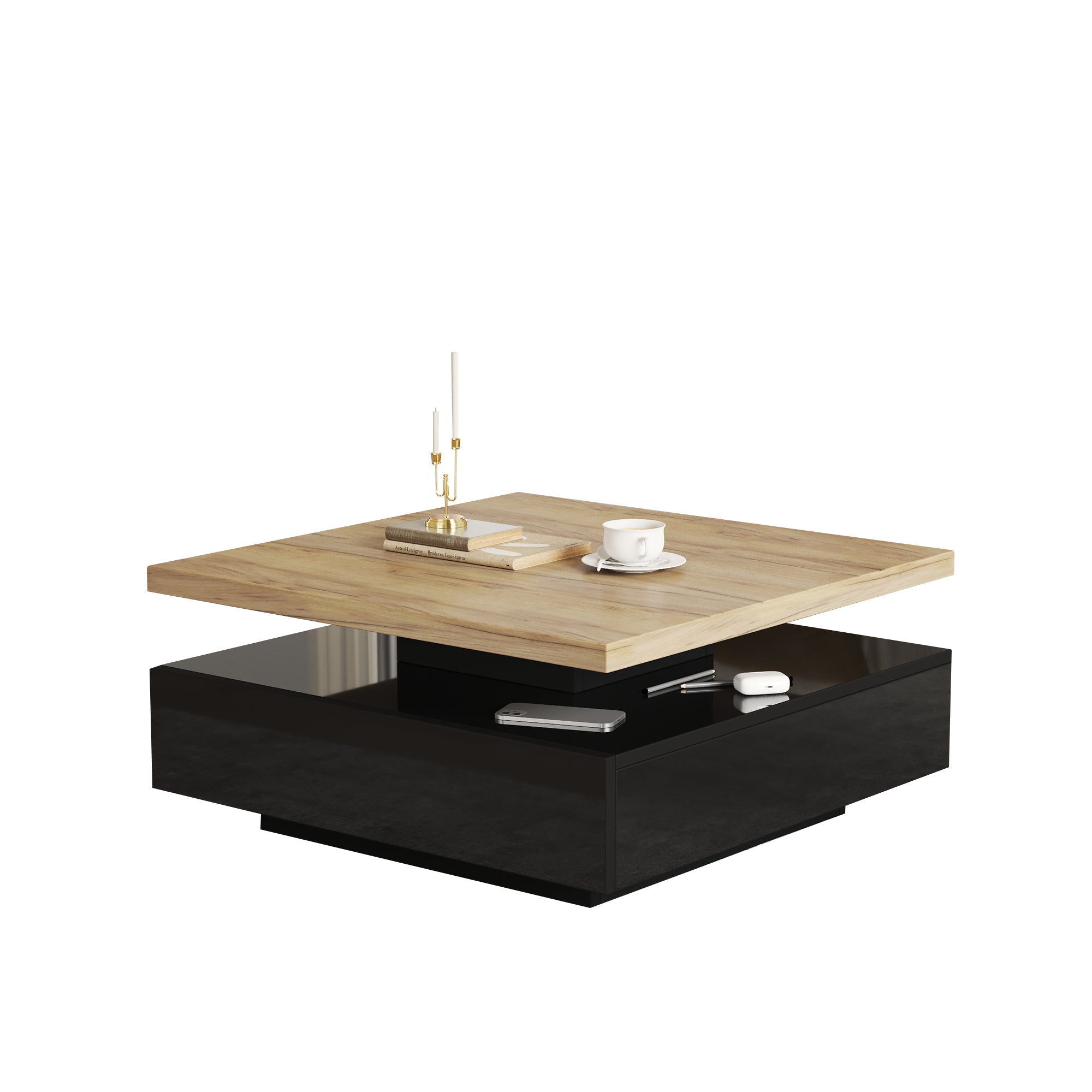 Coffee Table Multifunctional 360° Swivel 2-Tier Storage - Natural/Black Chipboard