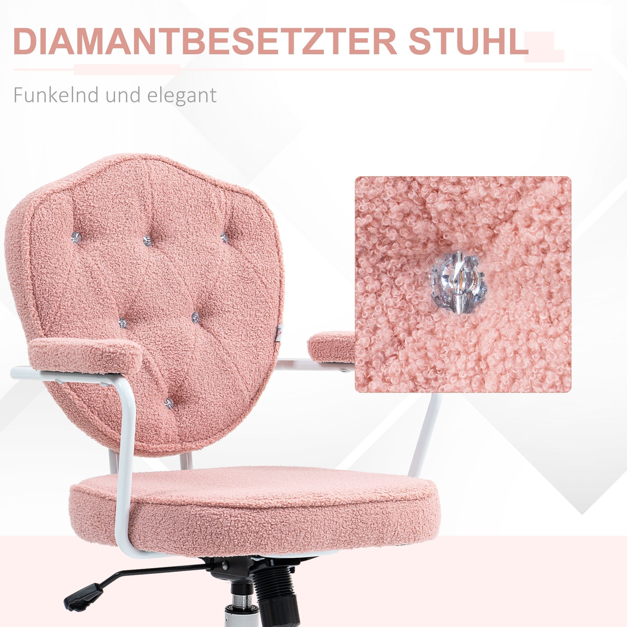 Bürostuhl, ergonomischer Schreibtischstuhl mit Wippfunktion und Drehfunktion, Pinker Teddyfleece