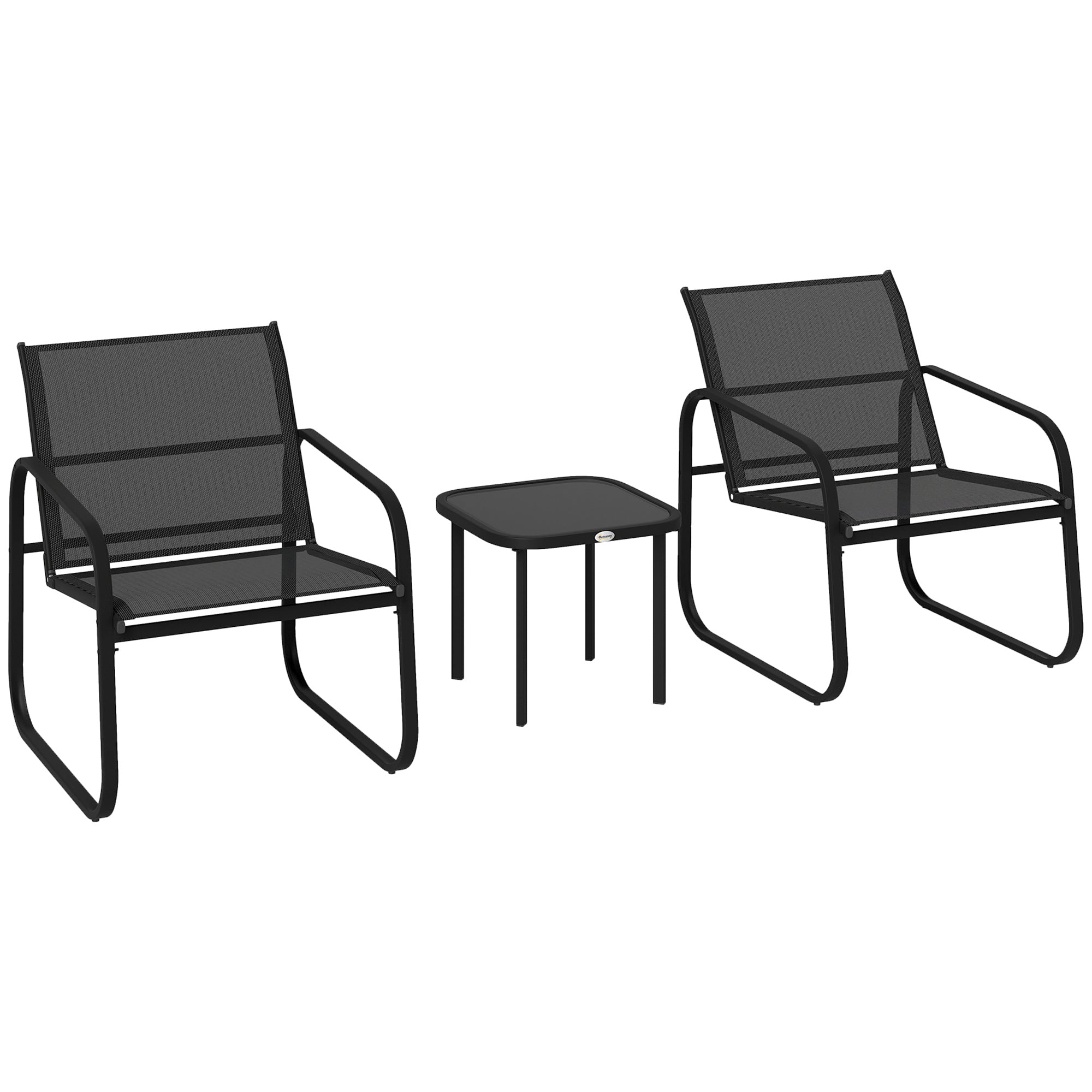 Three-Piece Garden Seating Set Two Armchairs Square Glass Table Steel Frame Black