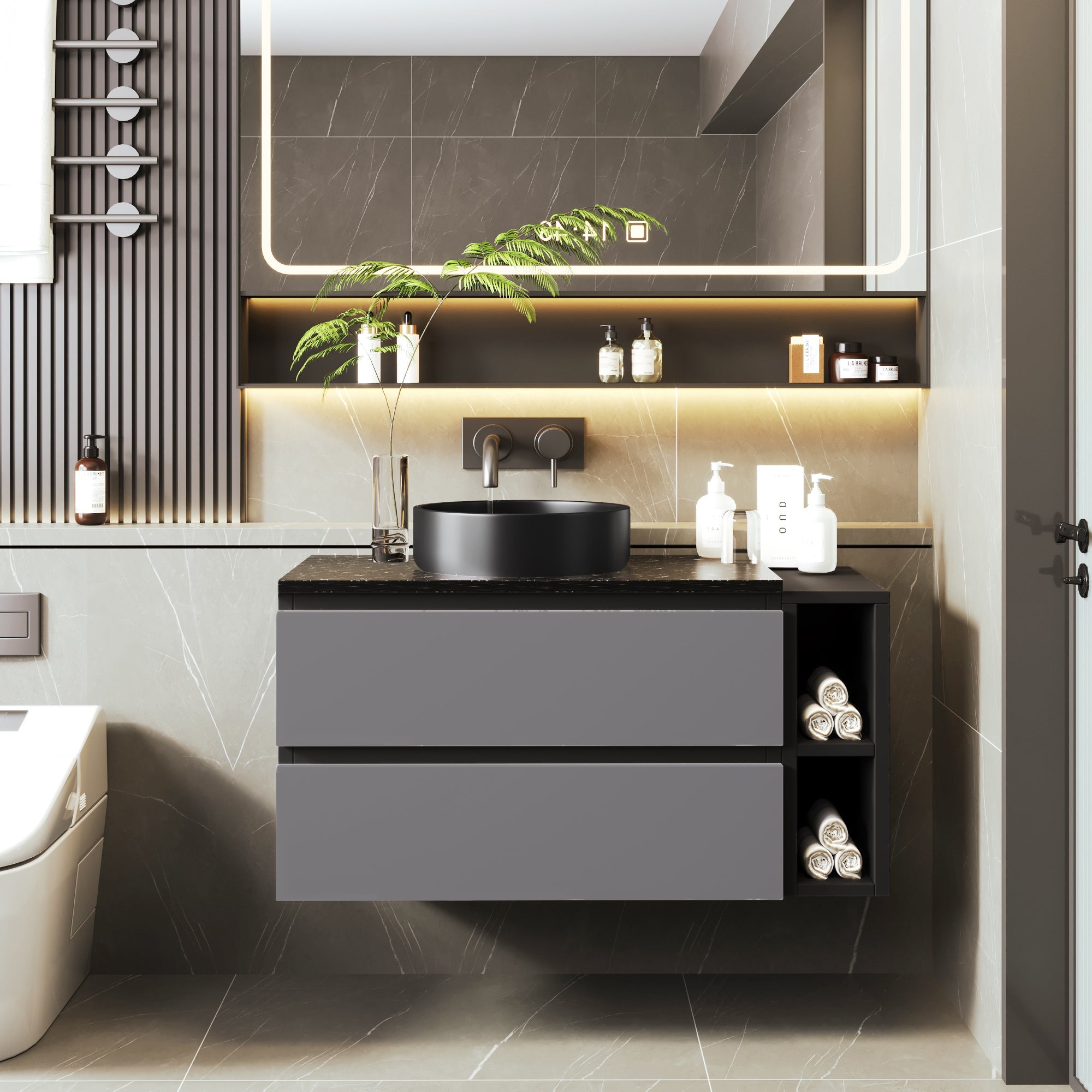 Wall-Mounted Vanity Unit 80cm Wide Ceramic Sink Drawers, Black/Grey