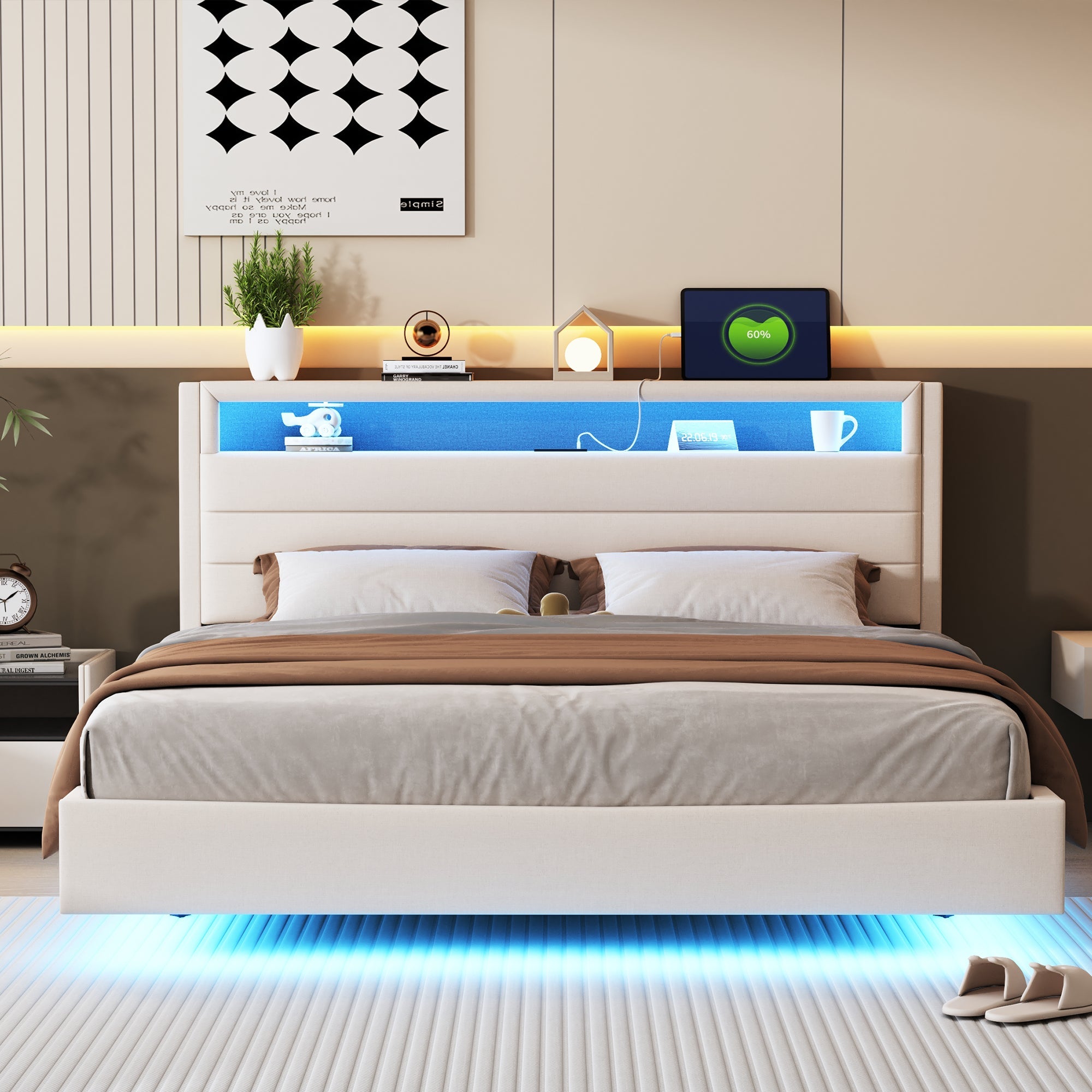 Upholstered Bed 160x200 cm, USB & LED, Reversible Headboard, Linen Fabric Beige