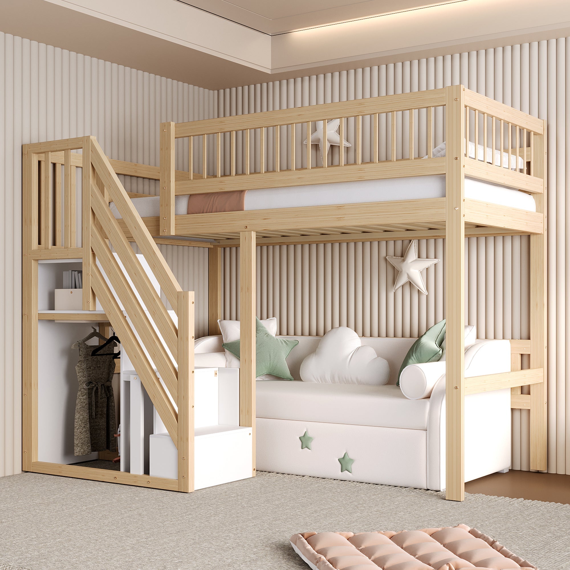 Solid Wood Bed, 90x200, Storage Stairs, High Version, Wood Color