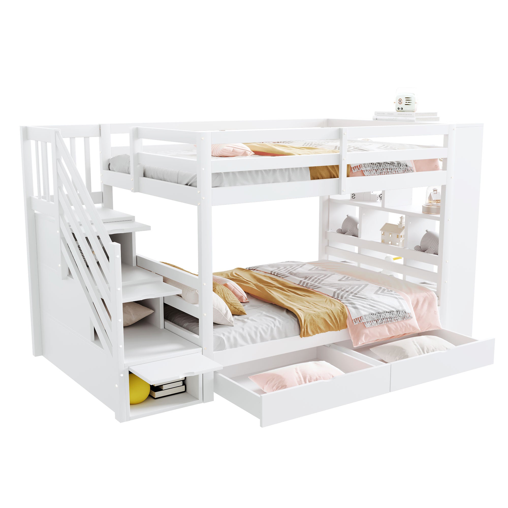 Bunk Bed, 90x200cm, Safety Ladder, Storage & Lockers, Pine Wood, White