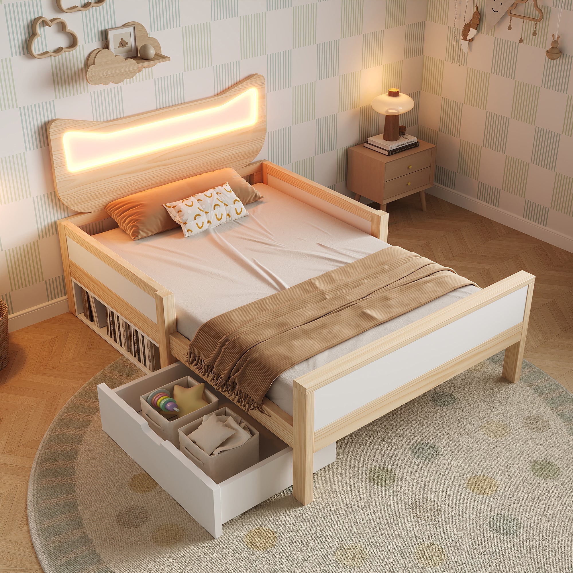 Children's Bed with Cat Ear Headboard, RGB LED Lighting, Drawer and Safety Rails, 90x200cm, White and Oak