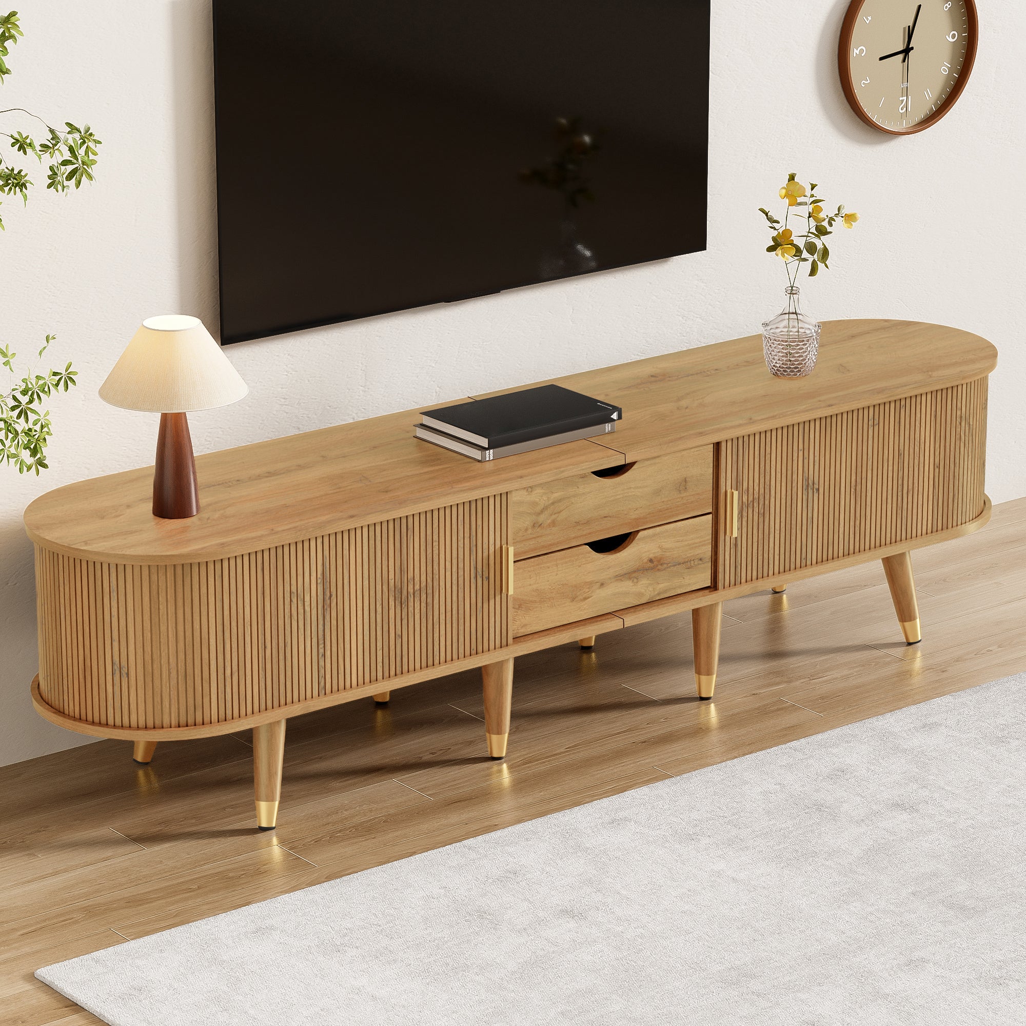 TV Cabinet Sliding Doors Media Console Wood Grain