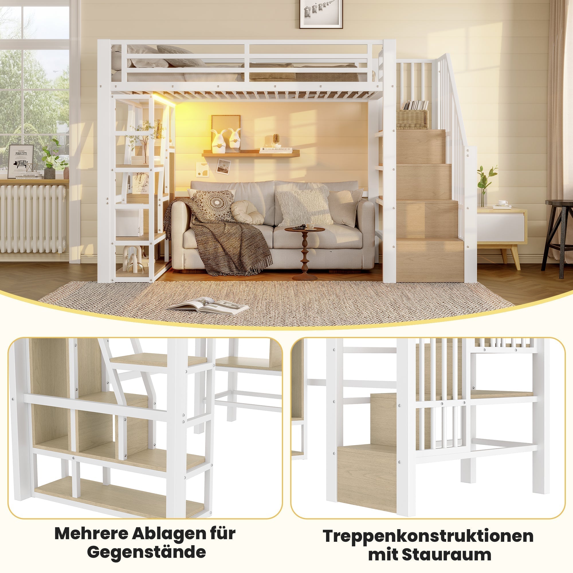 Loft Bed with Storage Steps, LED Lights and Iron Frame, 90 x 200 cm, White