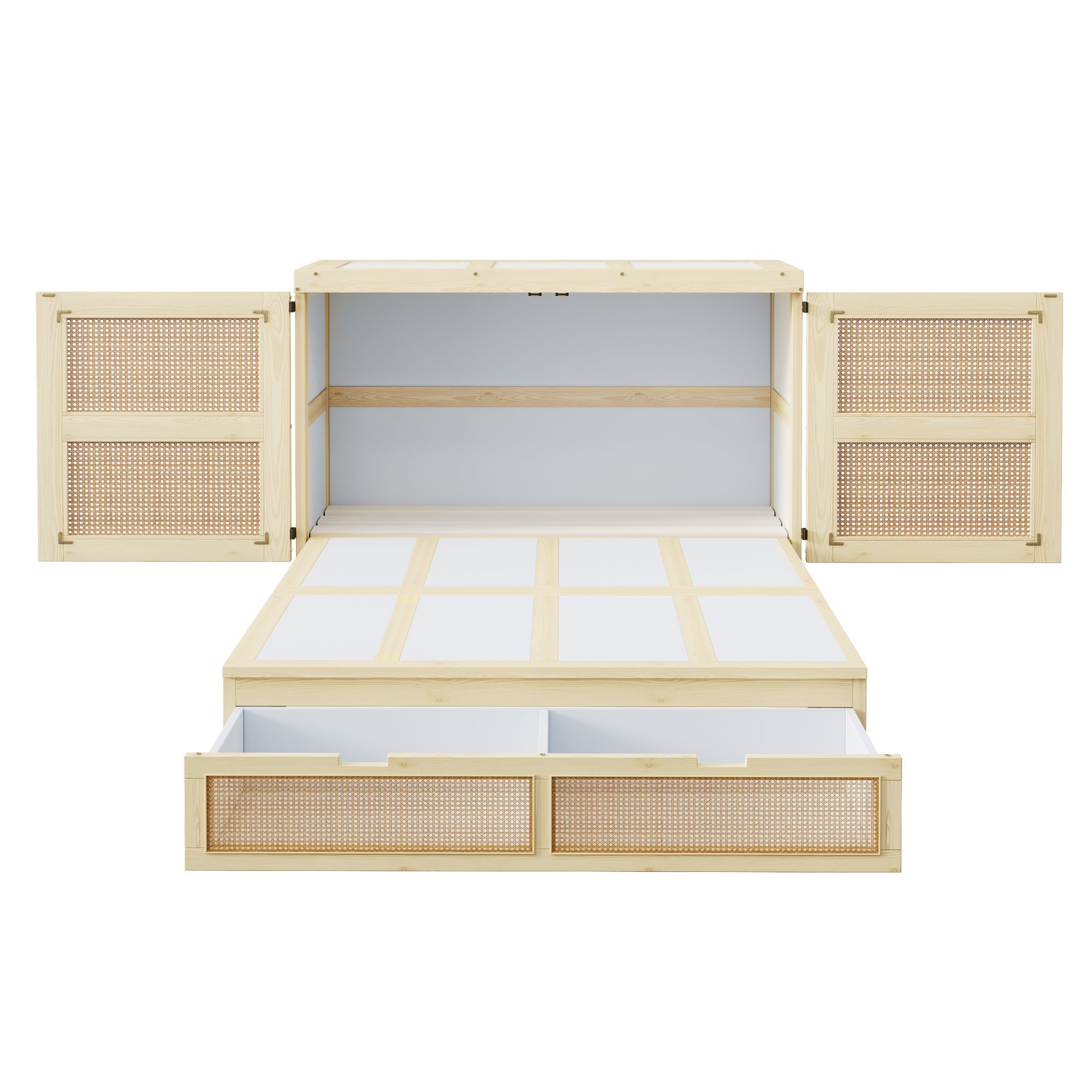 Vertical Wall Bed with Slatted Base and Storage Drawers, 140 x 200 cm, Wood Color