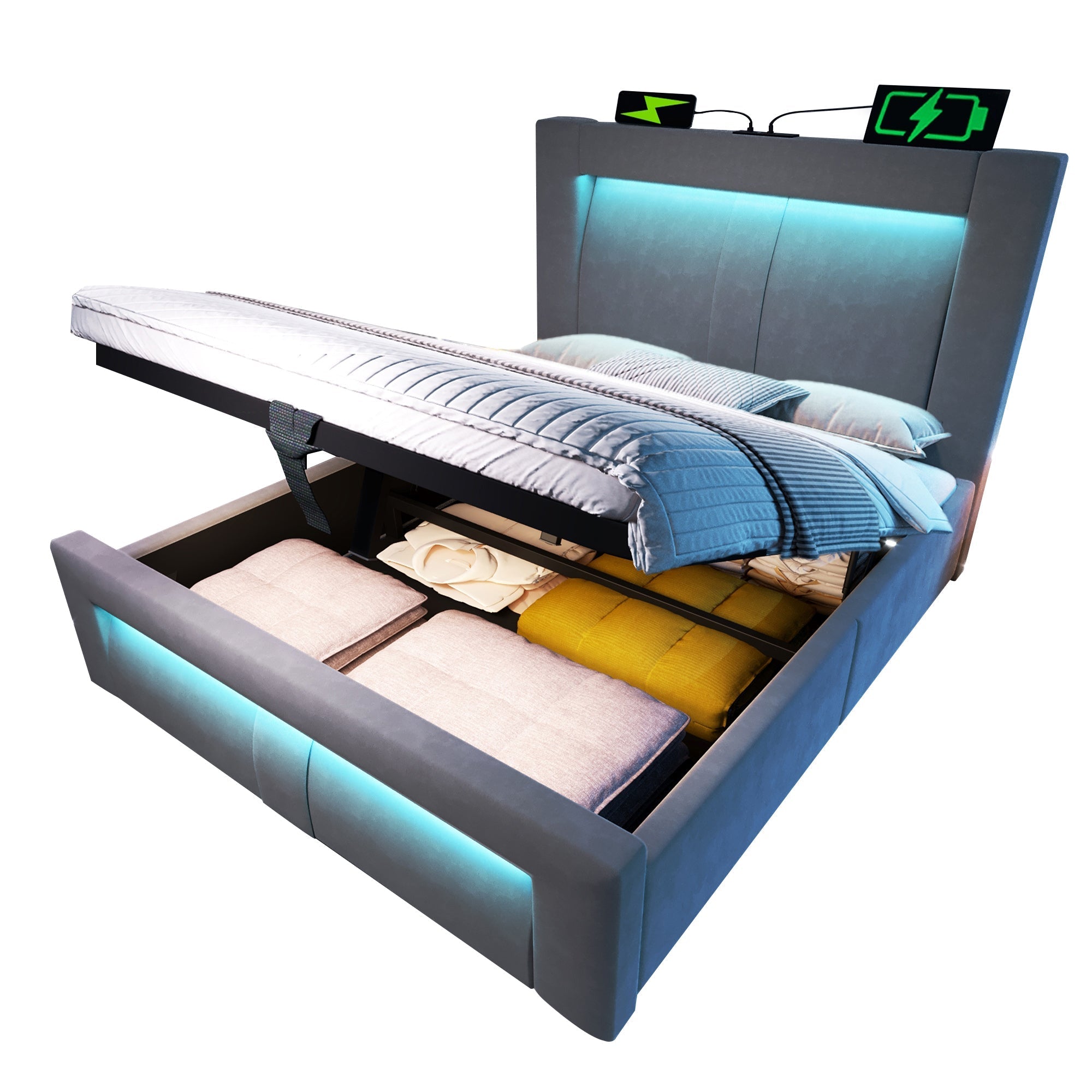 Single Hydraulic Bed 90x200 cm with LED, Storage, Charging Ports and Mattress, Grey Velvet