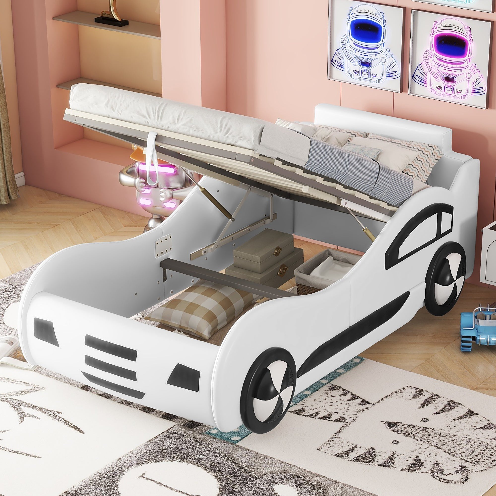 Car Bed, 90x200cm, Flat Bed with Slatted Base & Under-bed Storage, White