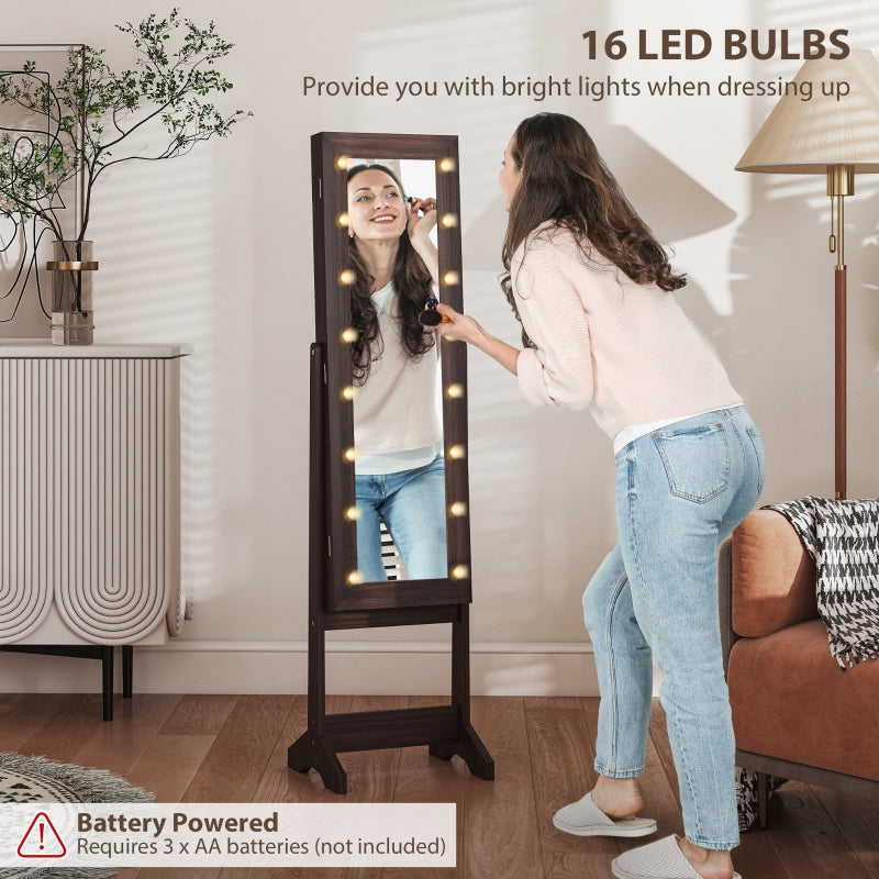 Freestanding Mirrored Jewellery Cabinet with LED Lights - Dark Brown