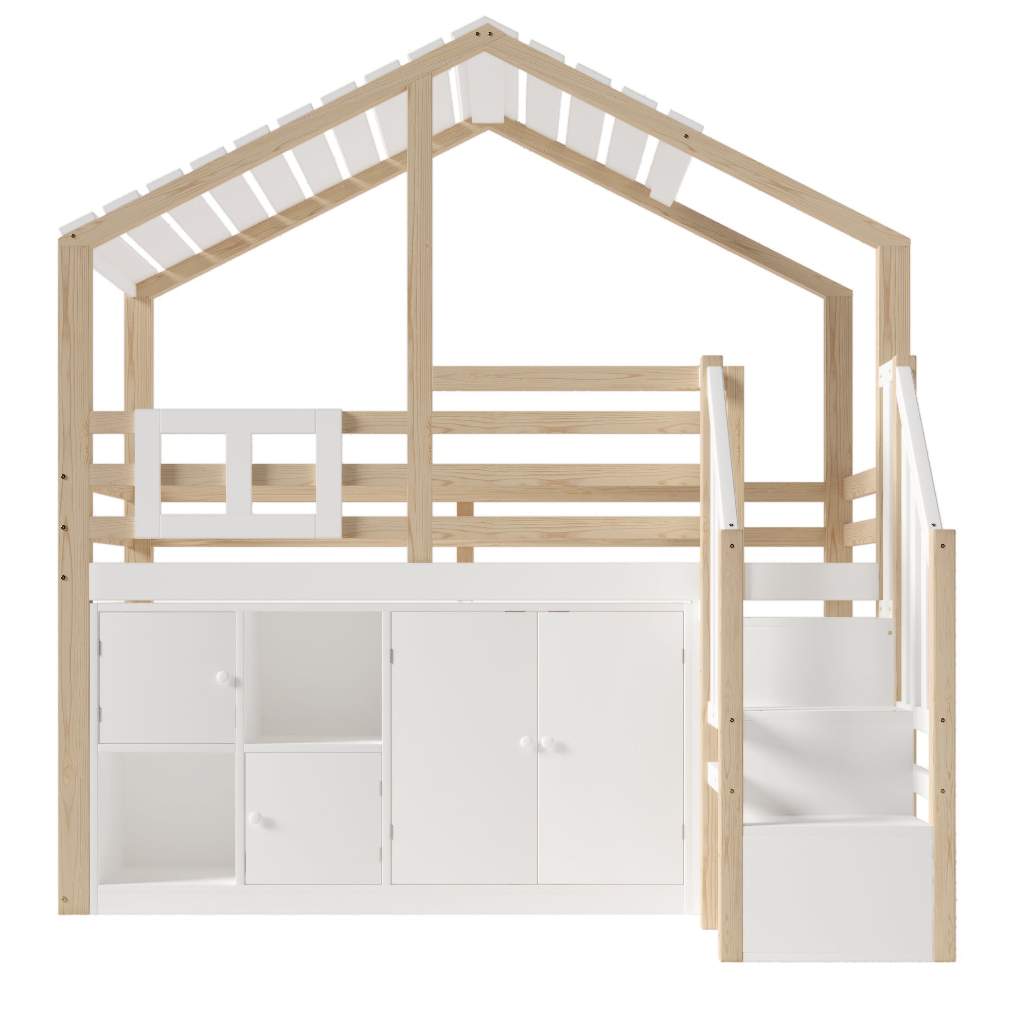 Loft Bed 90x200cm House Design Storage Ladder Lockers - White/Natural