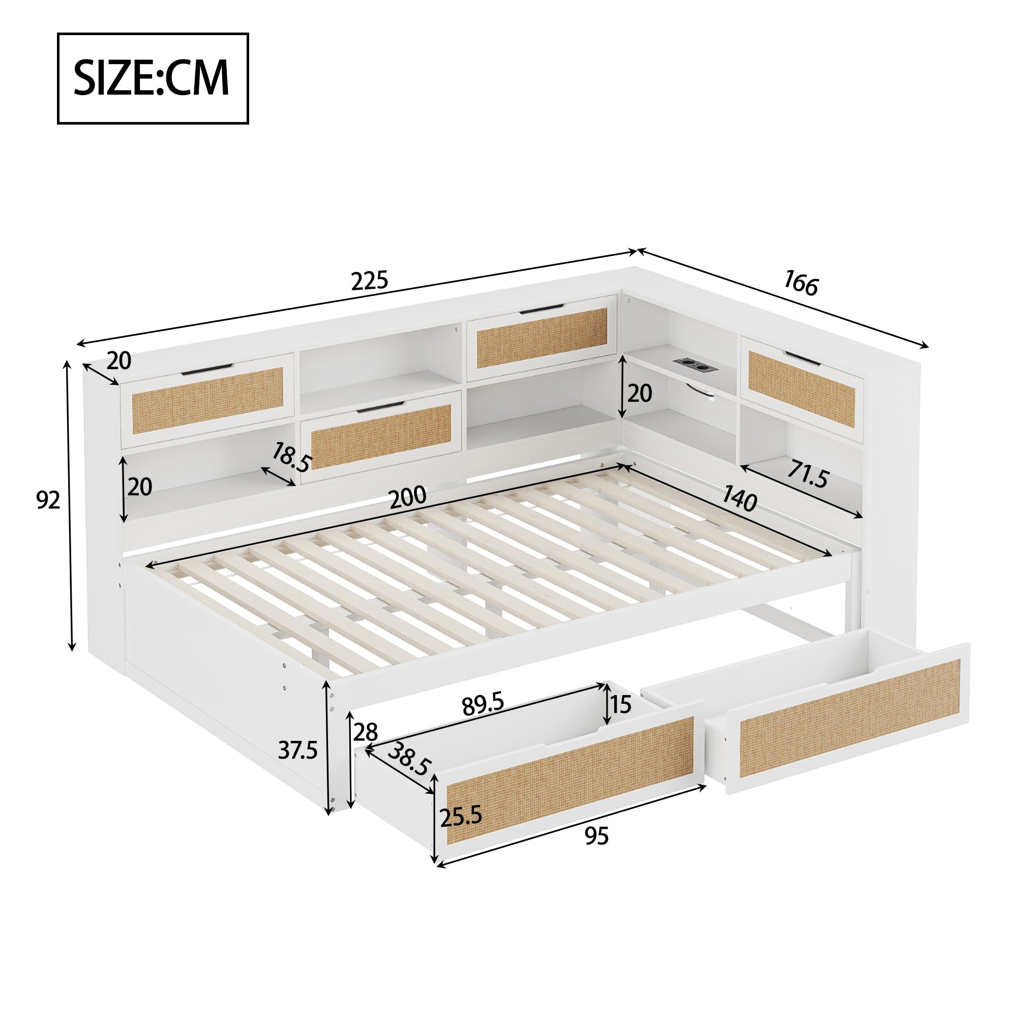 Solid Wood Sofa Bed 140x200 Multifunctional Single/Children's Storage Charging Port, White