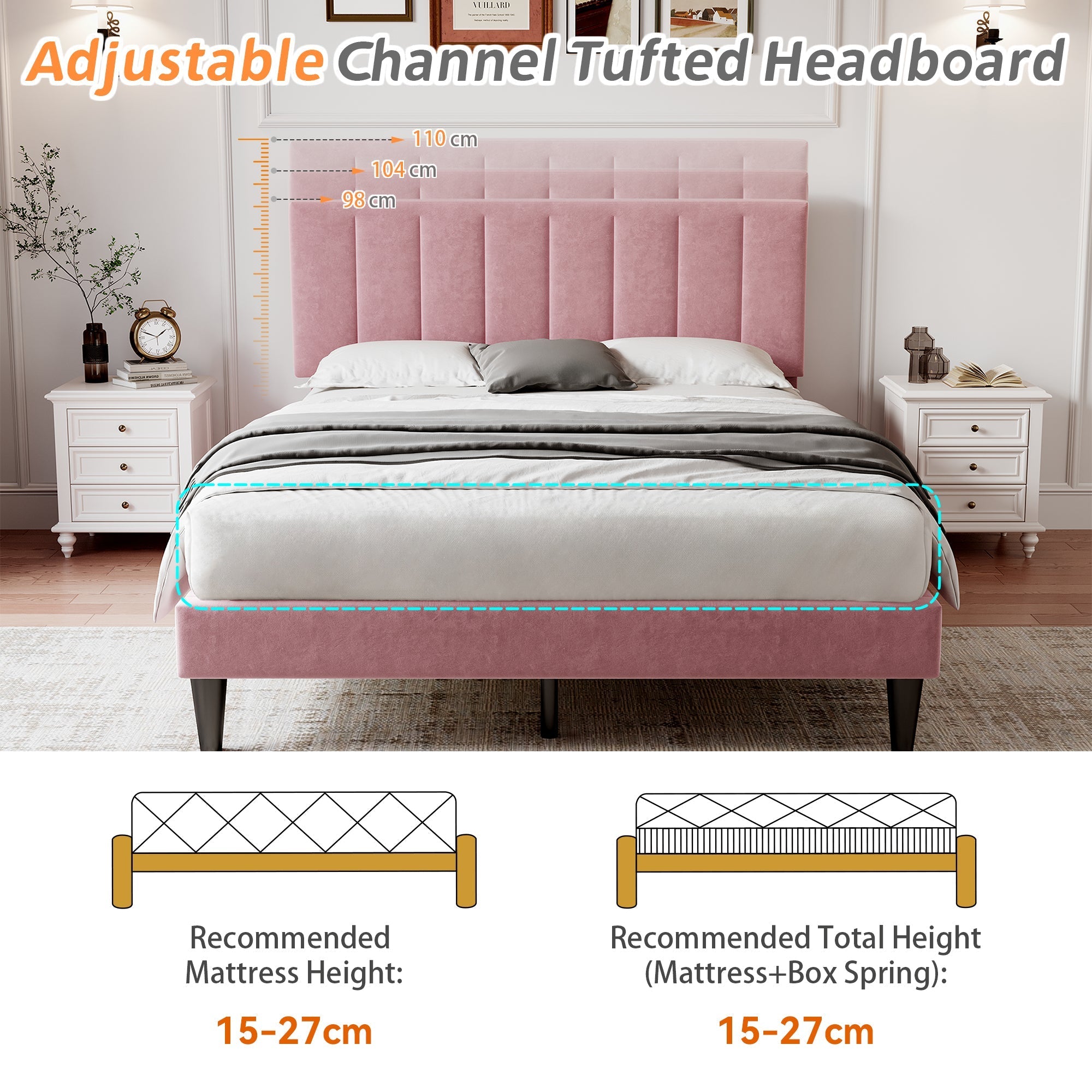 4ft6 Double Upholstered Velvet Bed Frame, Adjustable Channel Tufted Headboard, Pink