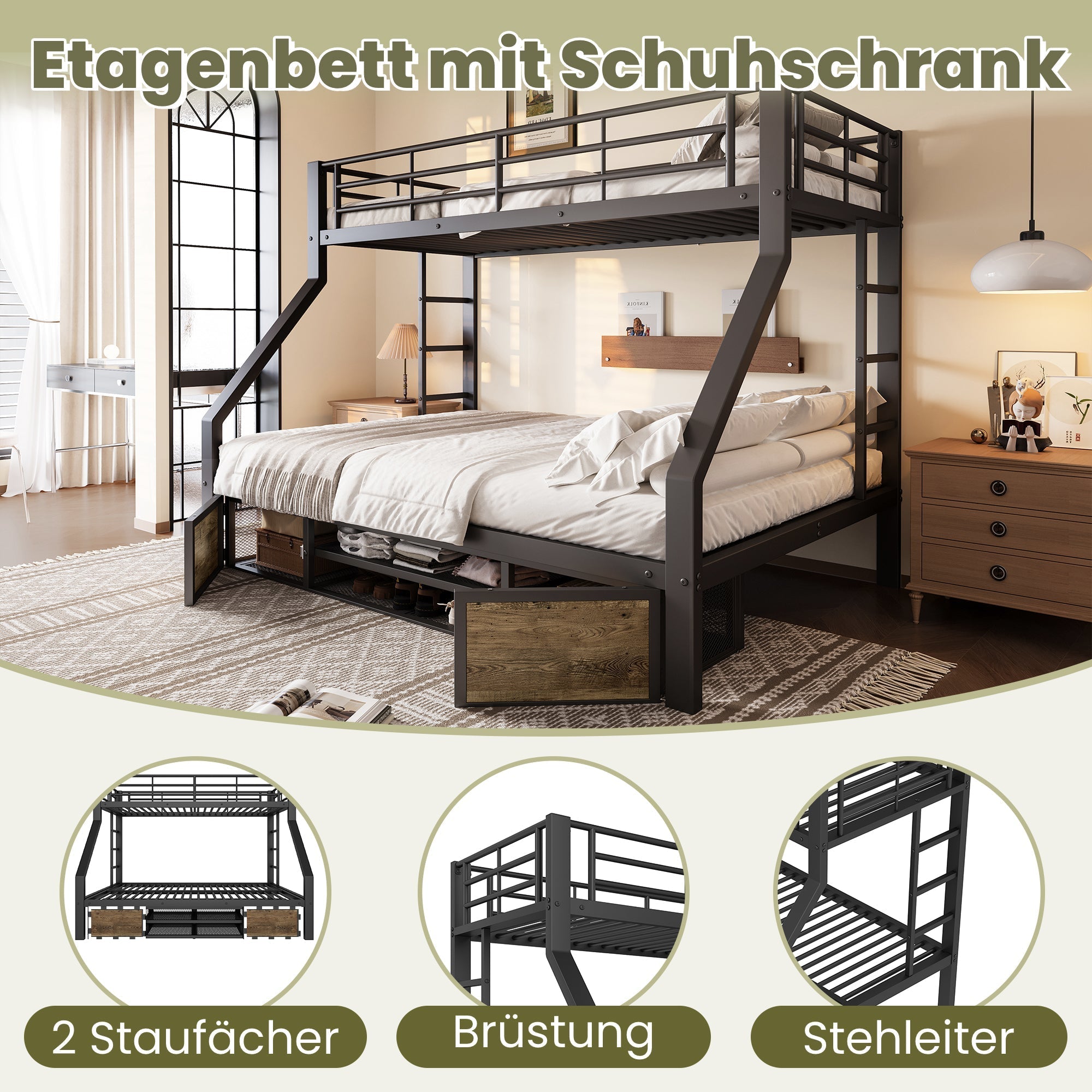 Bunk Bed for Children with Shoe Rack, Storage Compartments and Safety Rails, Black