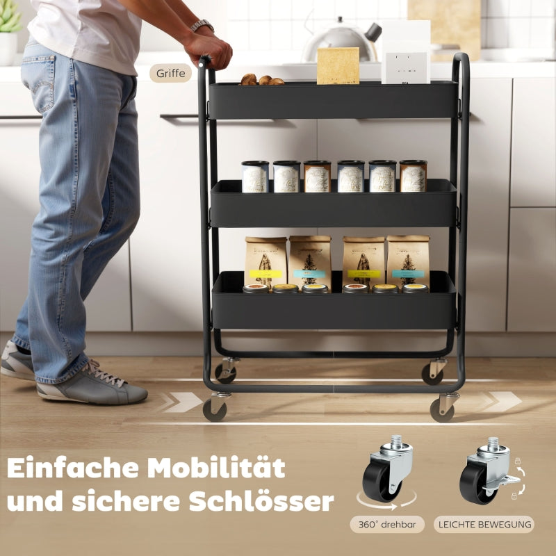 Kitchen Trolley 3 Baskets 4 Wheels - Metal Black
