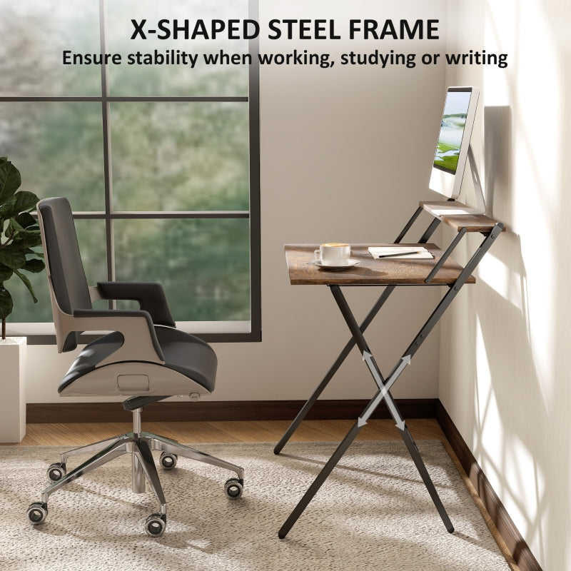 Folding Computer Desk, 81.5cm Monitor Shelf, Rustic Brown