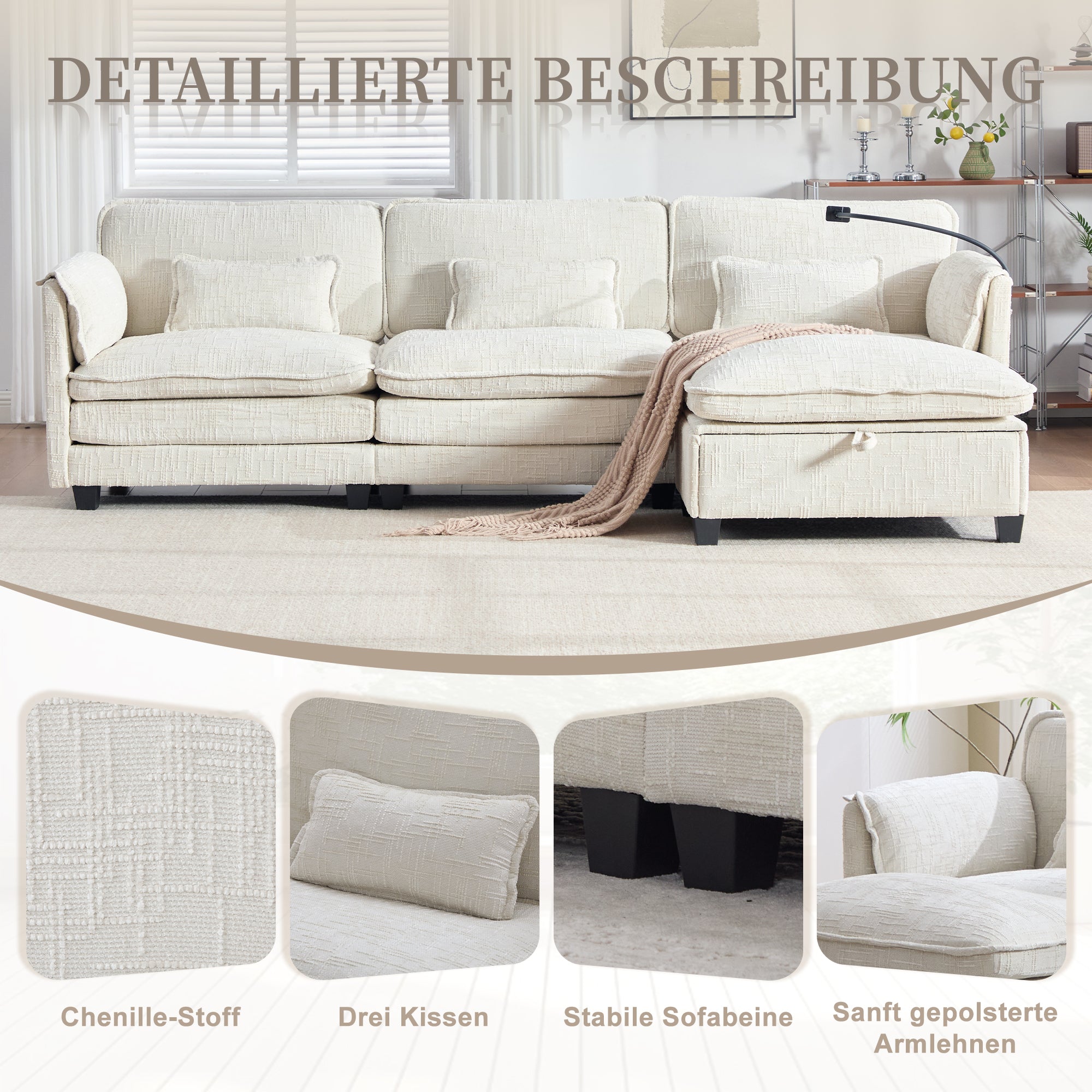 Modern 2-Seater Sofa USB Port Side Pocket Modular Footstool, Chenille Beige