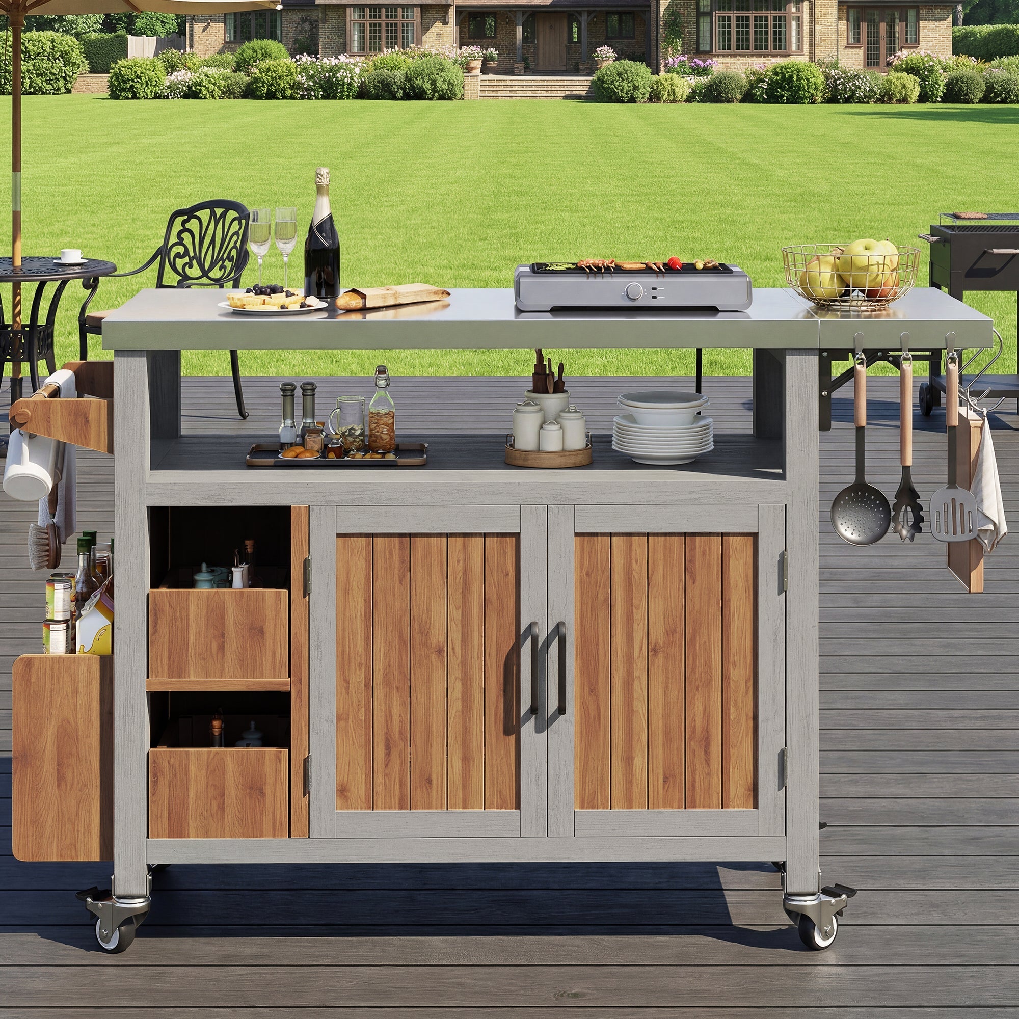 BBQ Side Table with Stainless Steel Worktop and Pull-out Shelf, Solid Wood