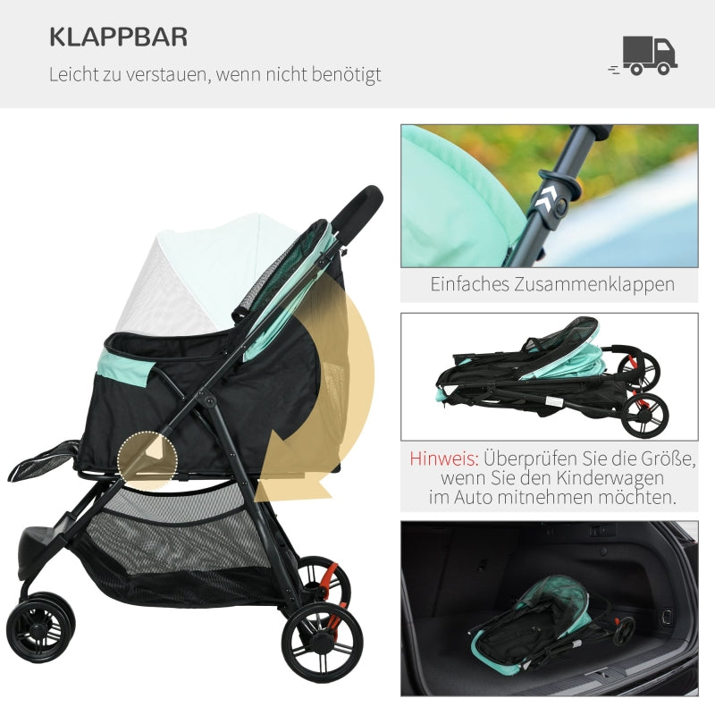 Tierkinderwagen, faltbar mit Regenschutz & 2 Getränkehaltern, Blau + Grün