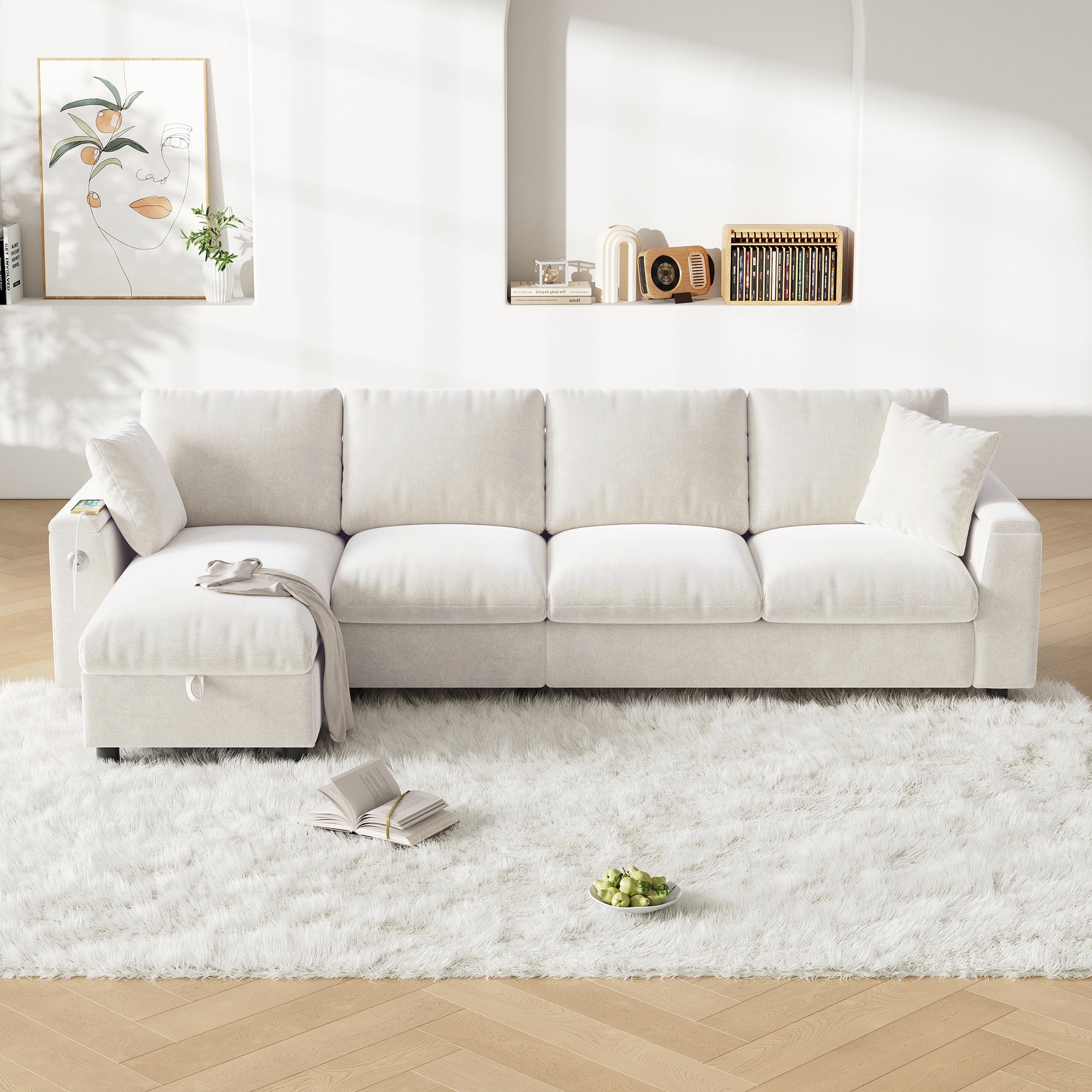 Chenille L-Shape Sofa Reversible Storage Armrests Fold-Out Table USB/Type-C - Beige