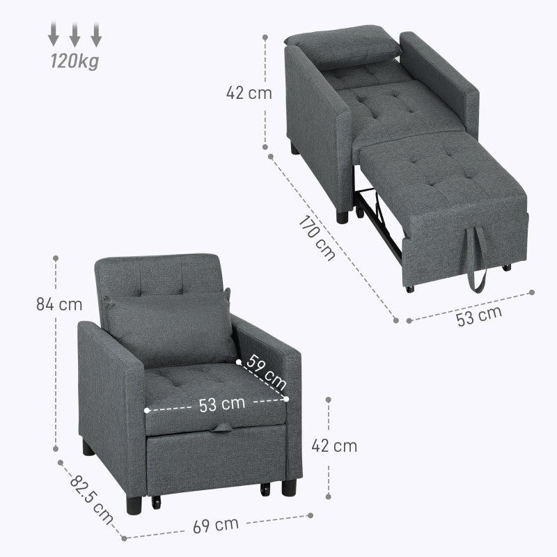 3-In-1 Chair Bed, Convertible Sleeper with Adjustable Backrest, Pillow and Footrest, Dark Grey