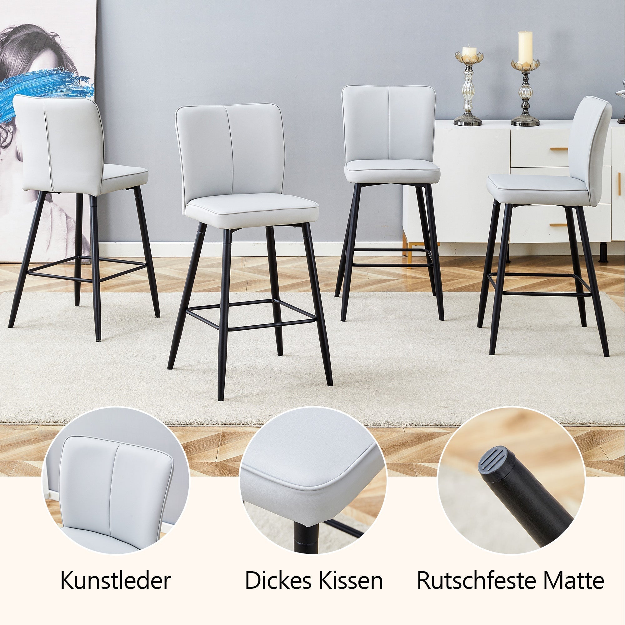 Bar Chair Set 2-Piece 101cm High Ergonomic Backrest - Light Grey PU