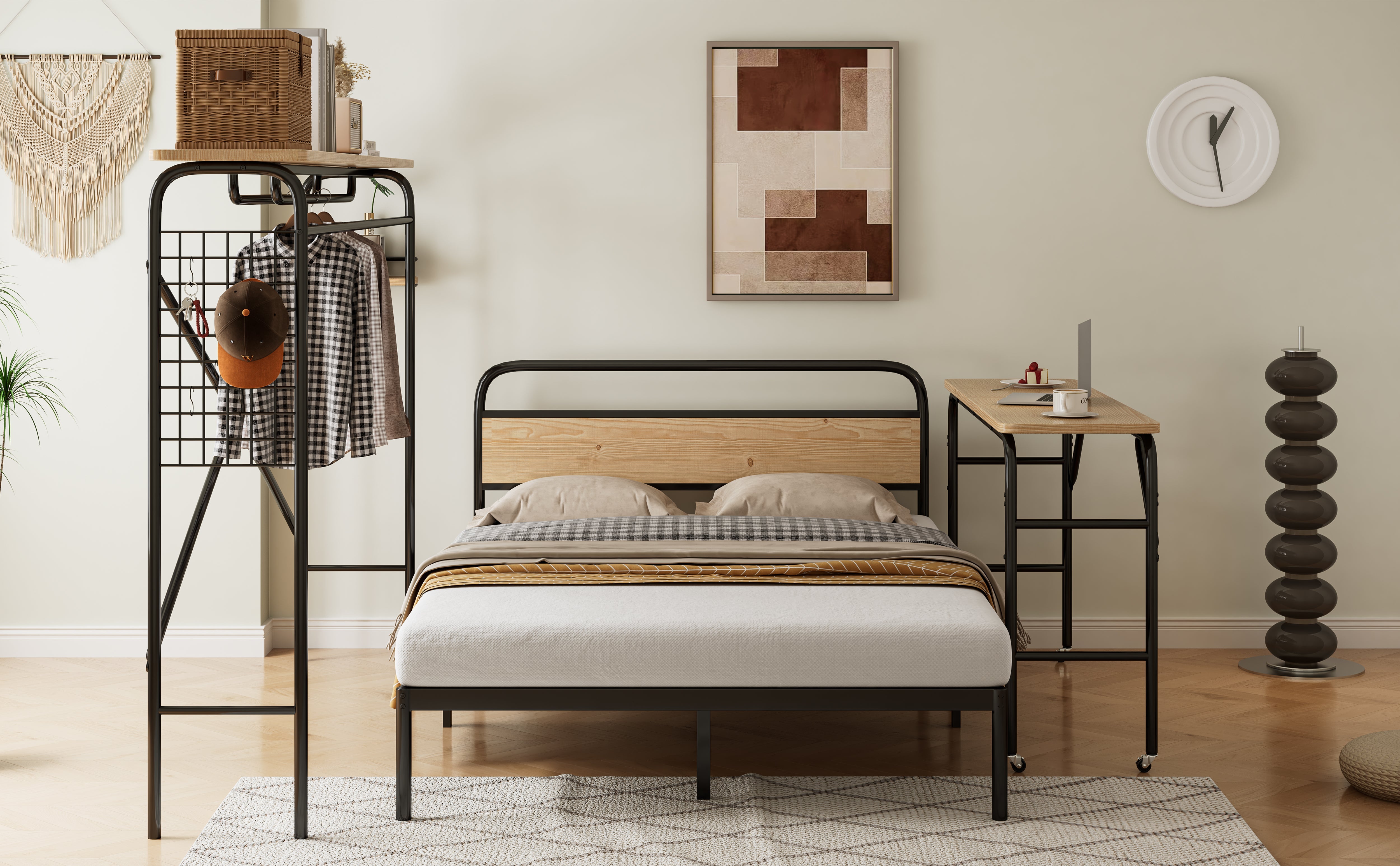 Metal Bed, Flat with Table & Coat Rack, Black & Natural Wood
