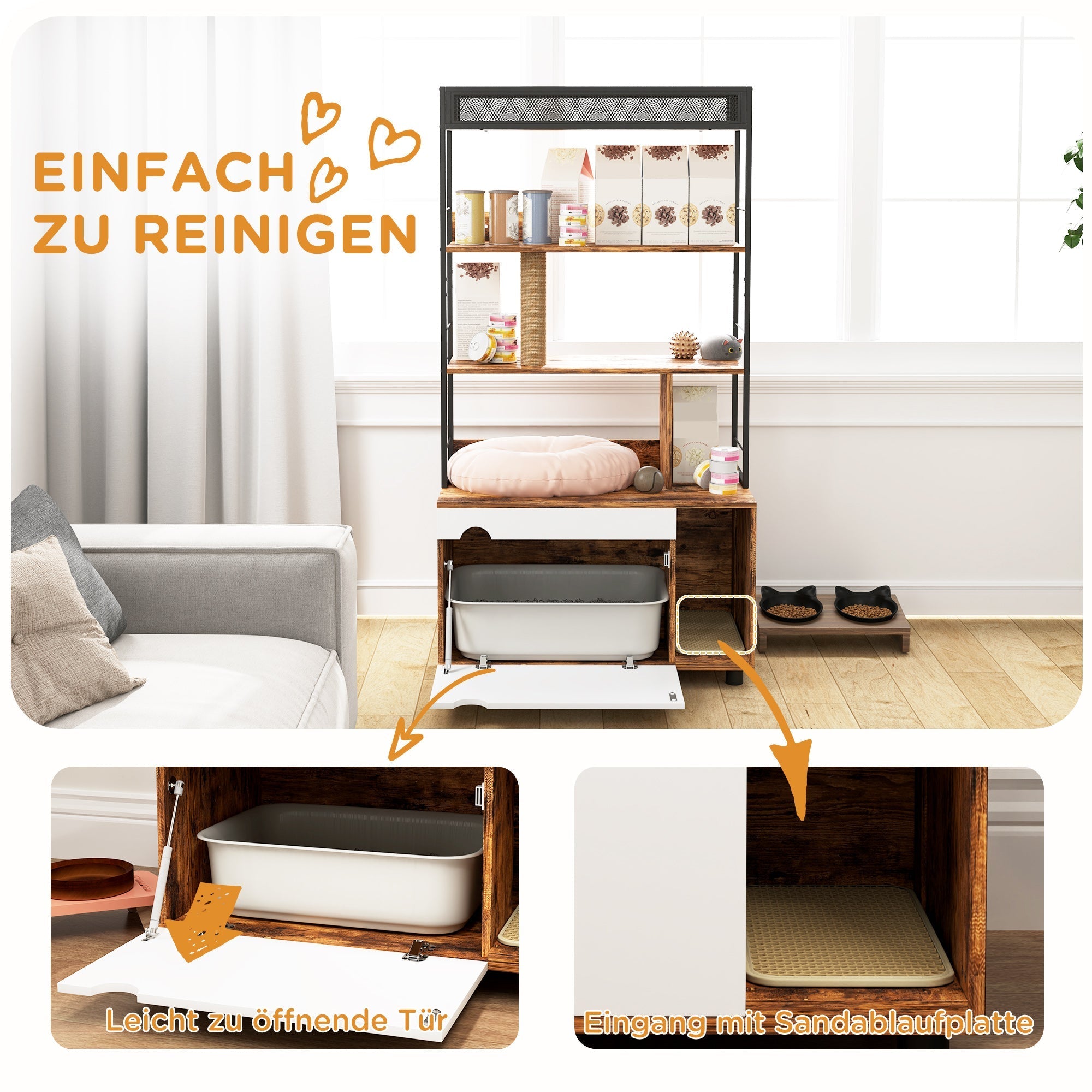 Katzenklo-Schrank, 2-in-1, 3-stöckiges Regal, Kratzbaum, Rustikales Braun