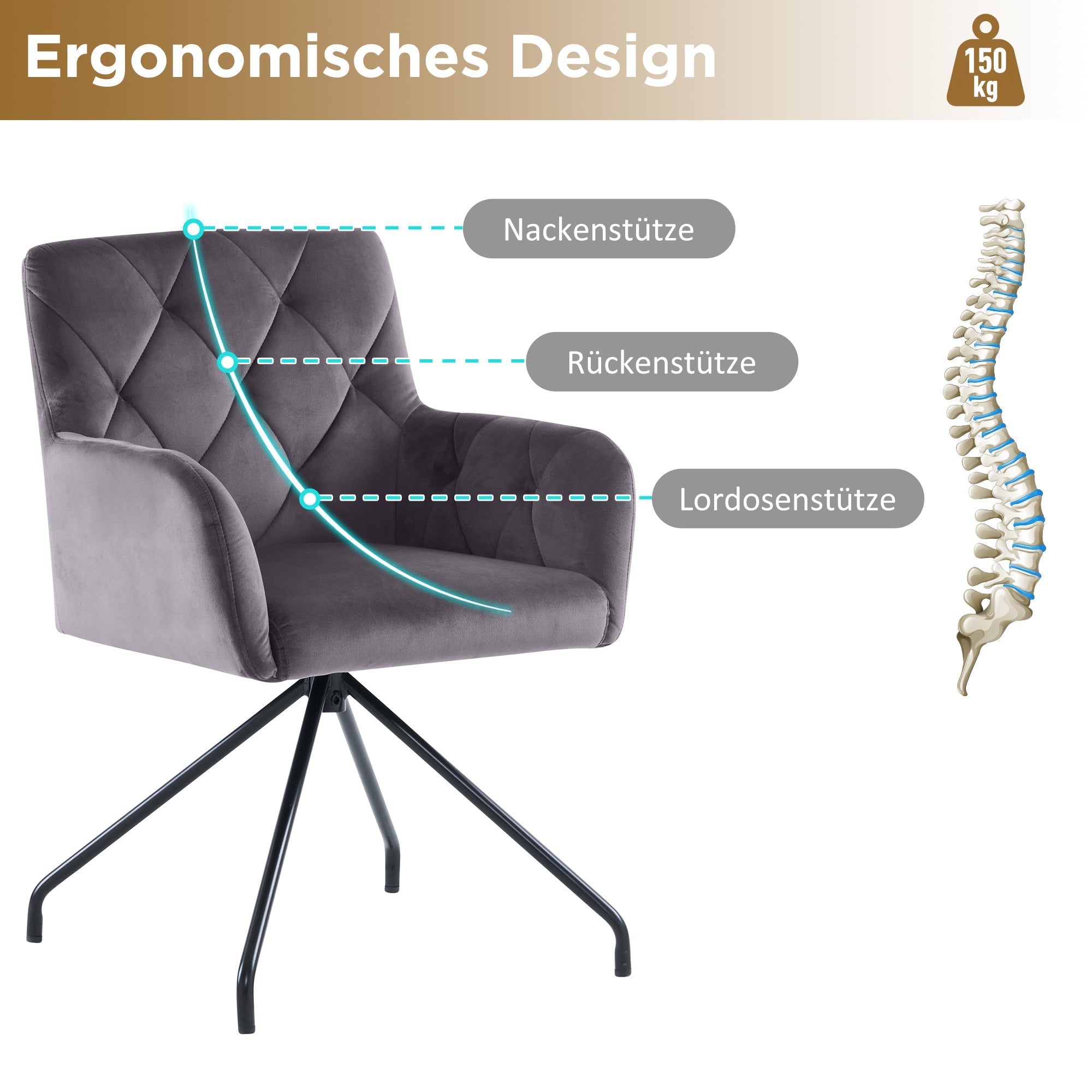 Dining Chairs Set of 4 with Diamond Pattern, Metal Legs and Lumbar Support, Grey Velvet