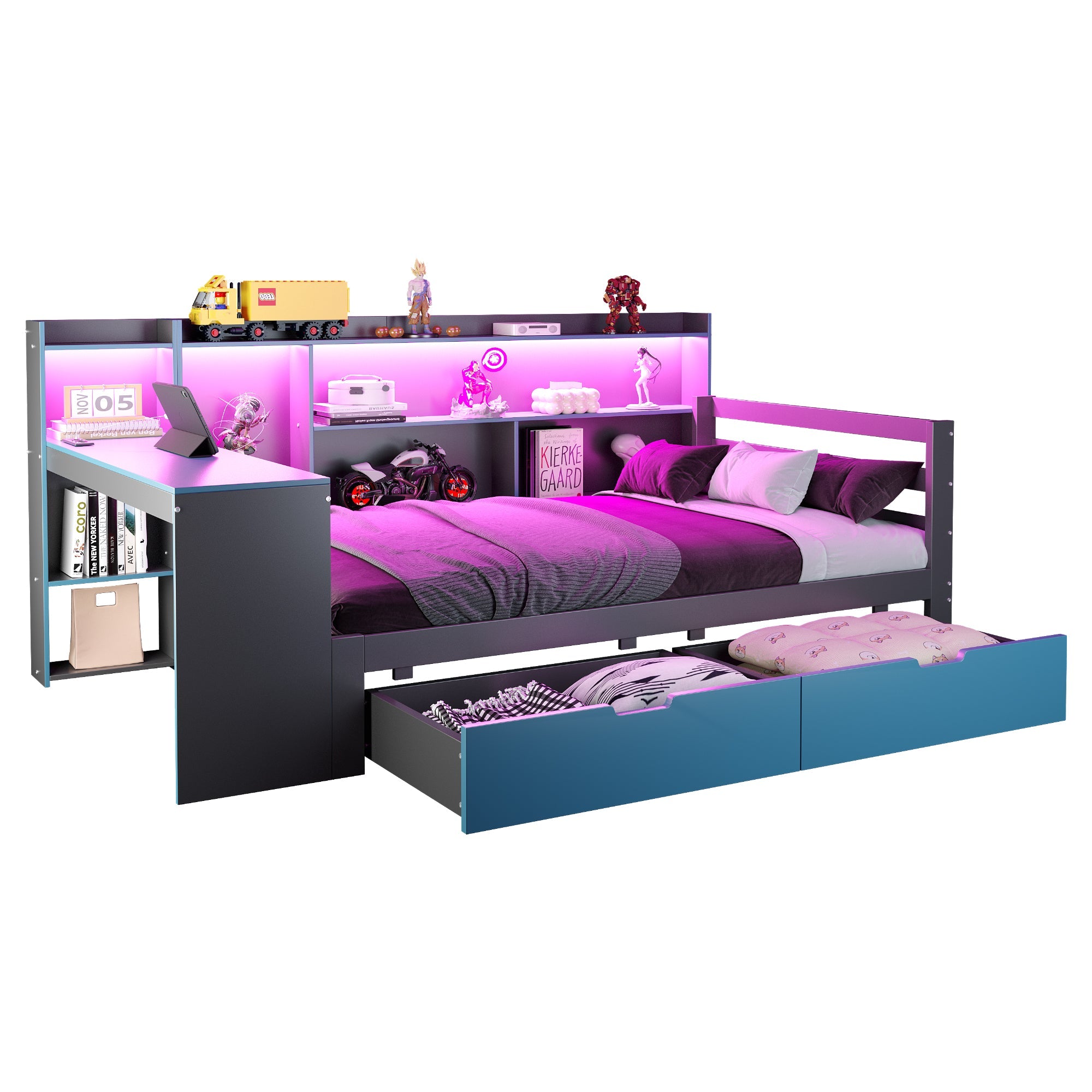 Multifunctional Wooden Sofa Bed with Desk, Bookshelf, Storage and Sockets, 90x200cm, Black and Blue