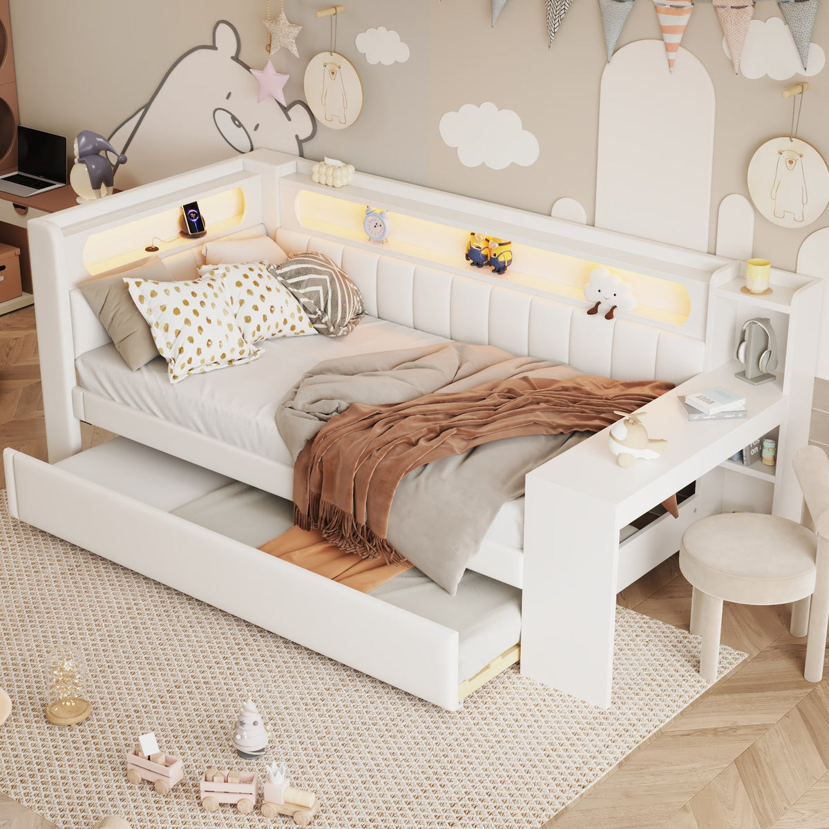Daybed Upholstered 90x200cm Pull-out Bed Desk LED USB - White