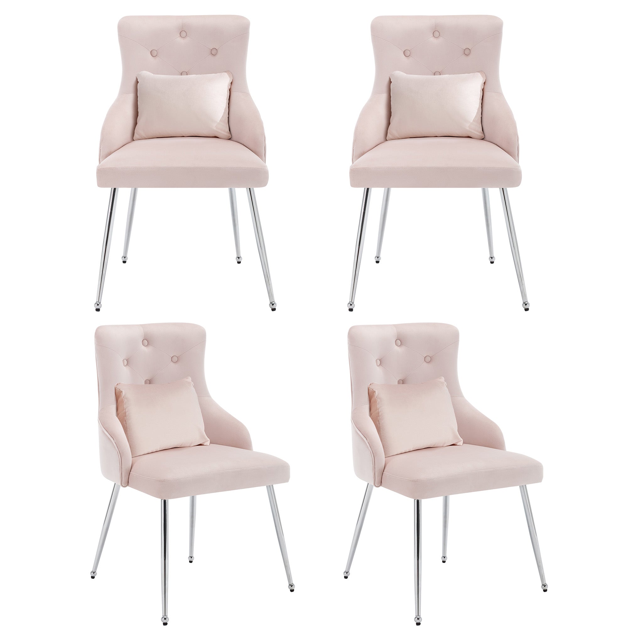 Set of 4 Dining Chairs Upholstered Button Pattern Metal Legs Lumbar Cushion - Pink