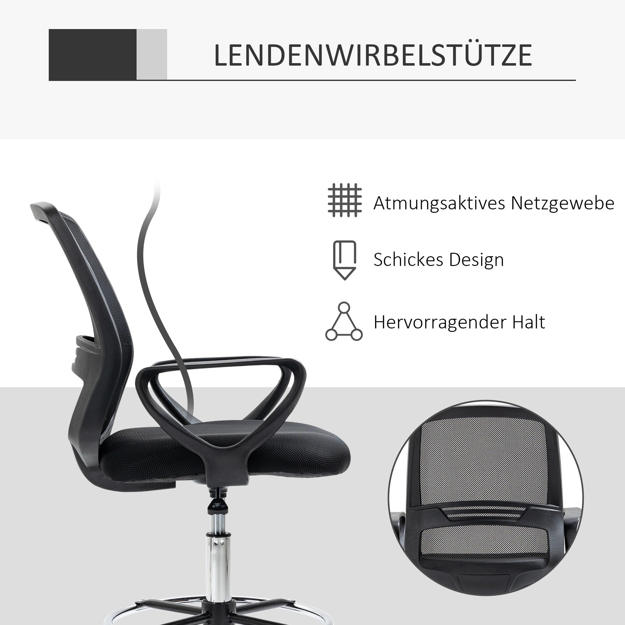 Ergonomic Office Standing Chair Swivel Height-Adjustable Footrest, Metal Black