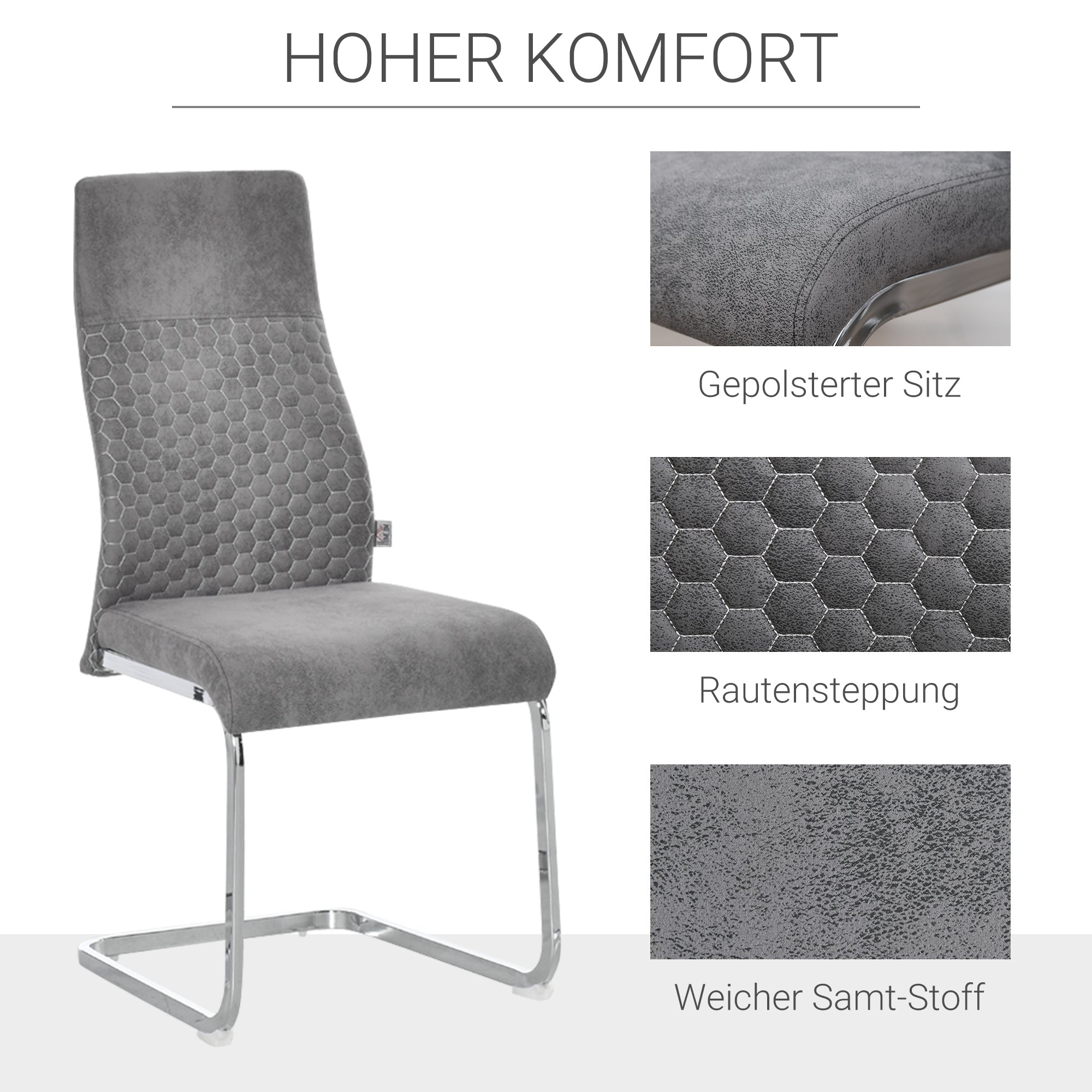 Dining Chairs, Set of 4 Kitchen Chairs with Backrest, Velvet-Touch Grey